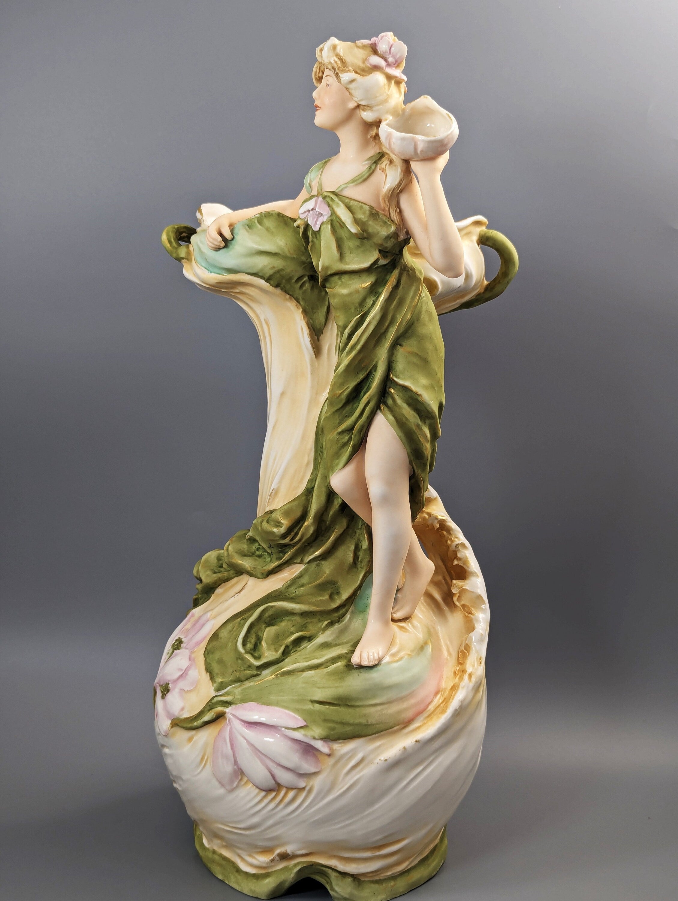 Large Royal Dux Figure Water Nymph with Shell, c.1912