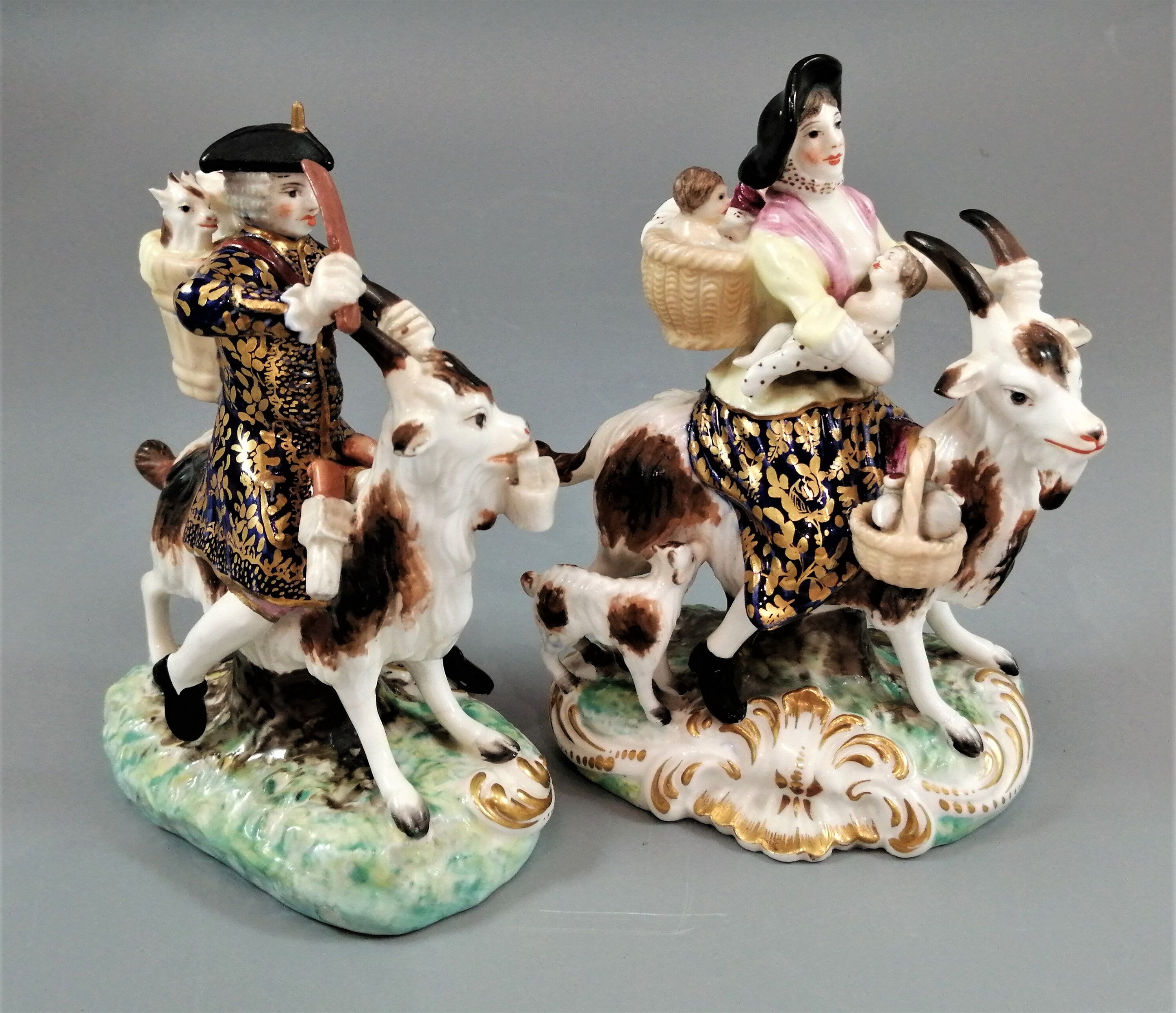 Derby figurines of the Welch Tailor and his Wife, c.1861-1935.