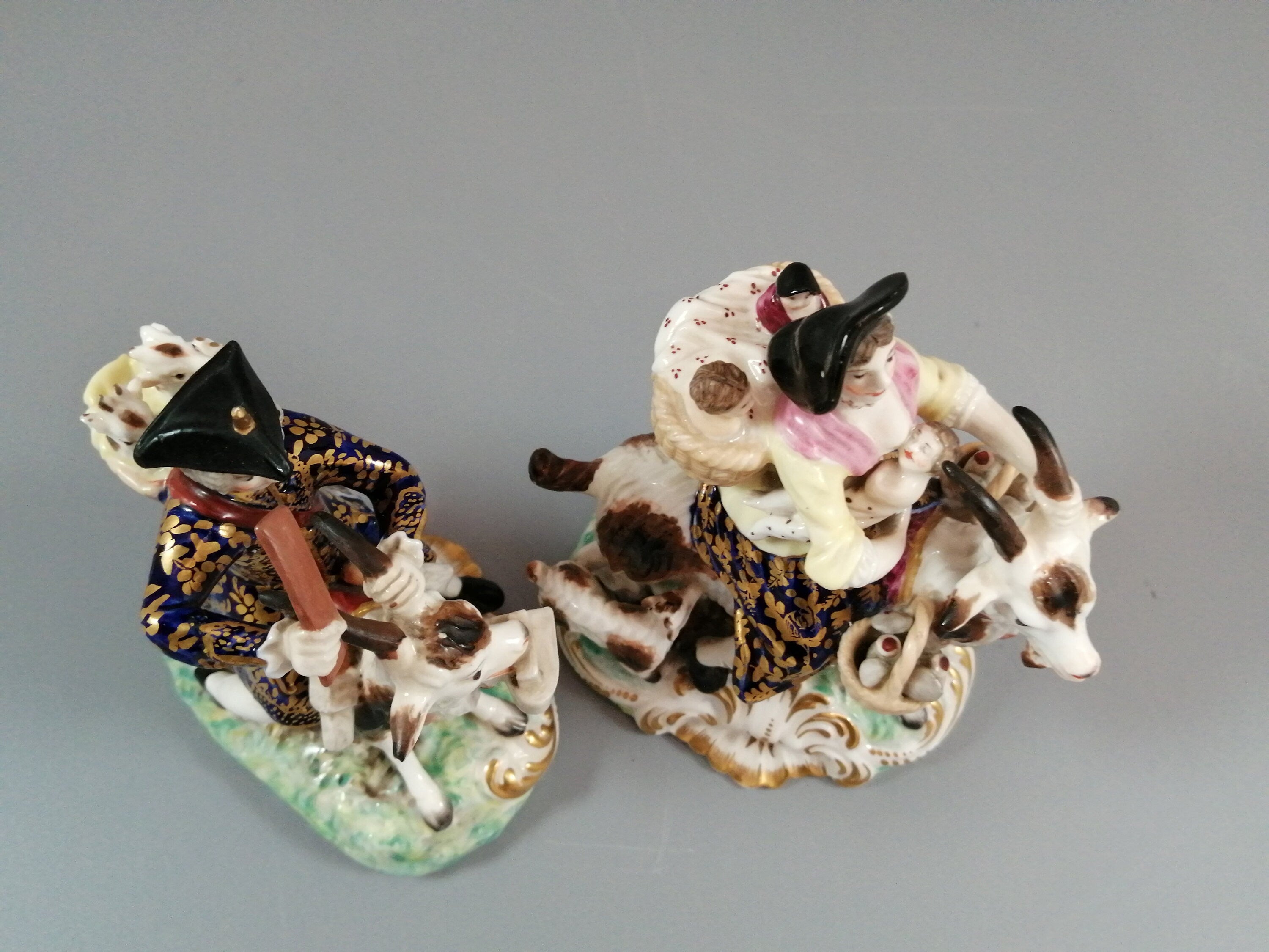 Derby figurines of the Welch Tailor and his Wife, c.1861-1935.