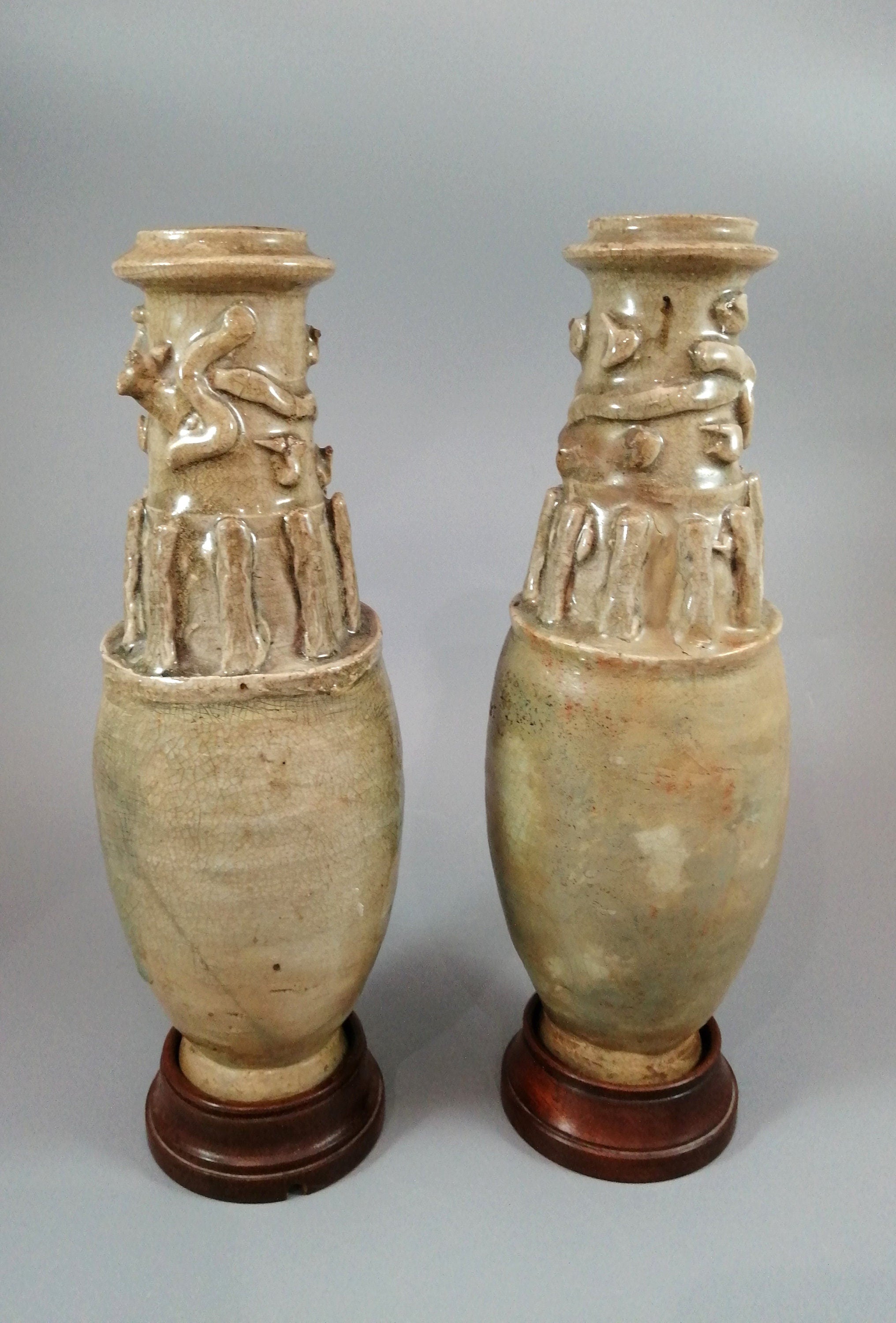 Couple of Antique Chinese Celadon Funeral Vases, Song Dynasty (960 to 1279).
