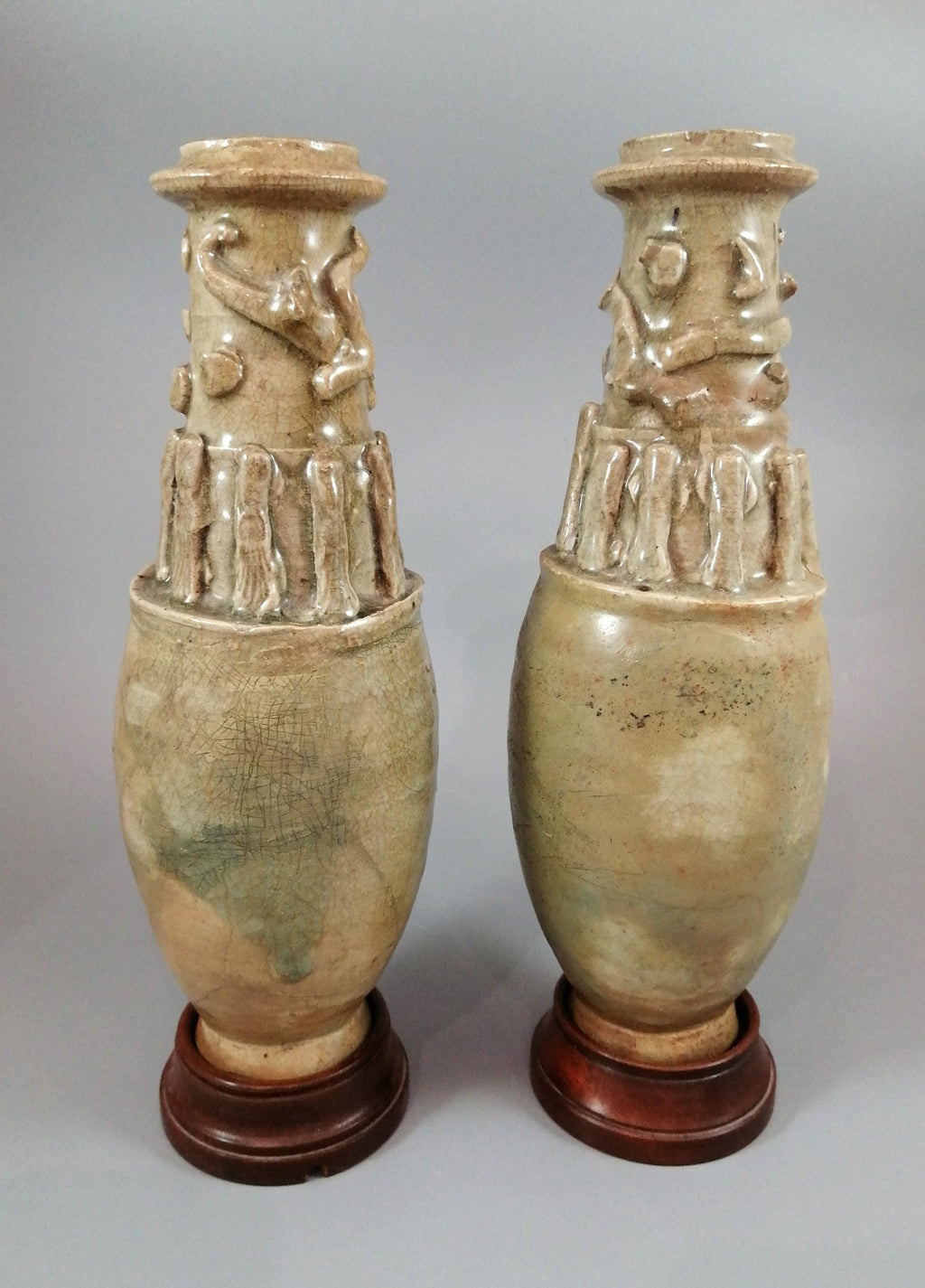 Couple of Antique Chinese Celadon Funeral Vases, Song Dynasty (960 to 1279).