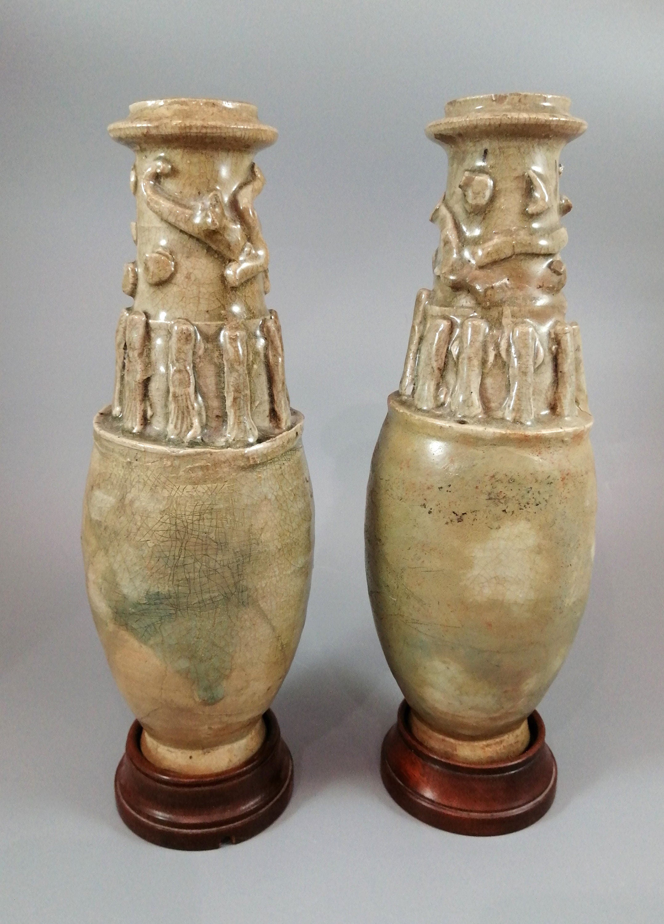 Couple of Antique Chinese Celadon Funeral Vases, Song Dynasty (960 to 1279).