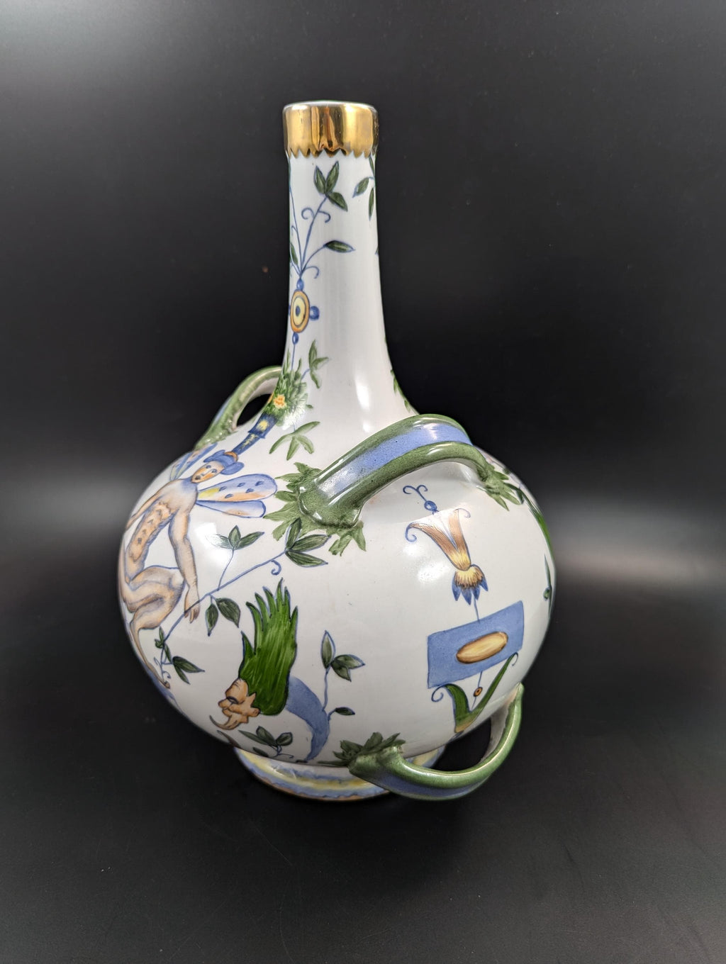 Antique French Faience Flask: Grotesque Design, Gilded Rim