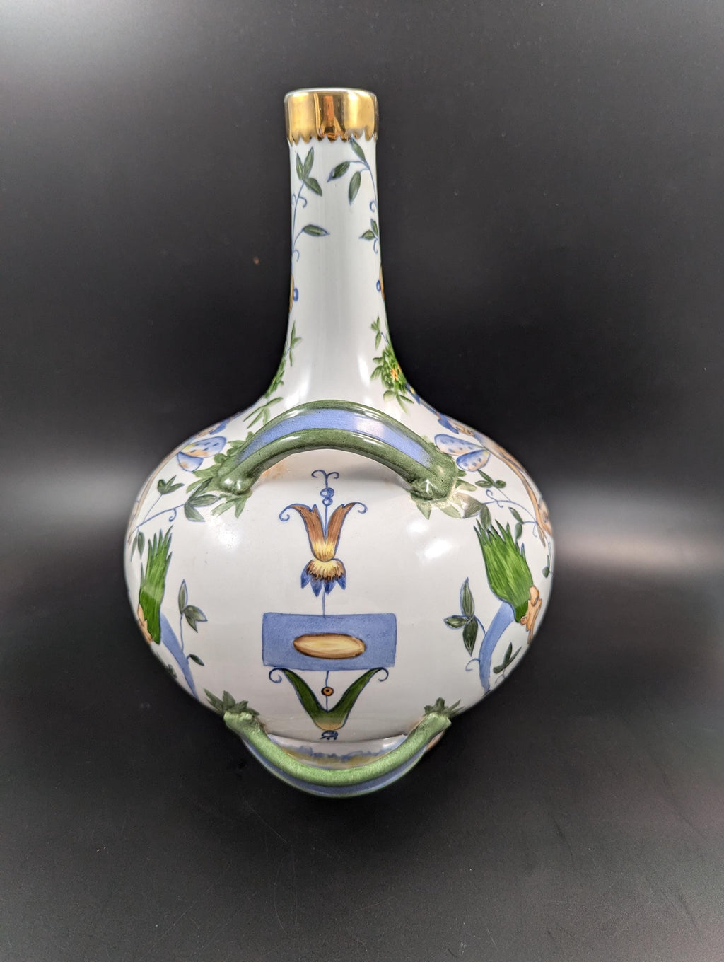 Antique French Faience Flask: Grotesque Design, Gilded Rim