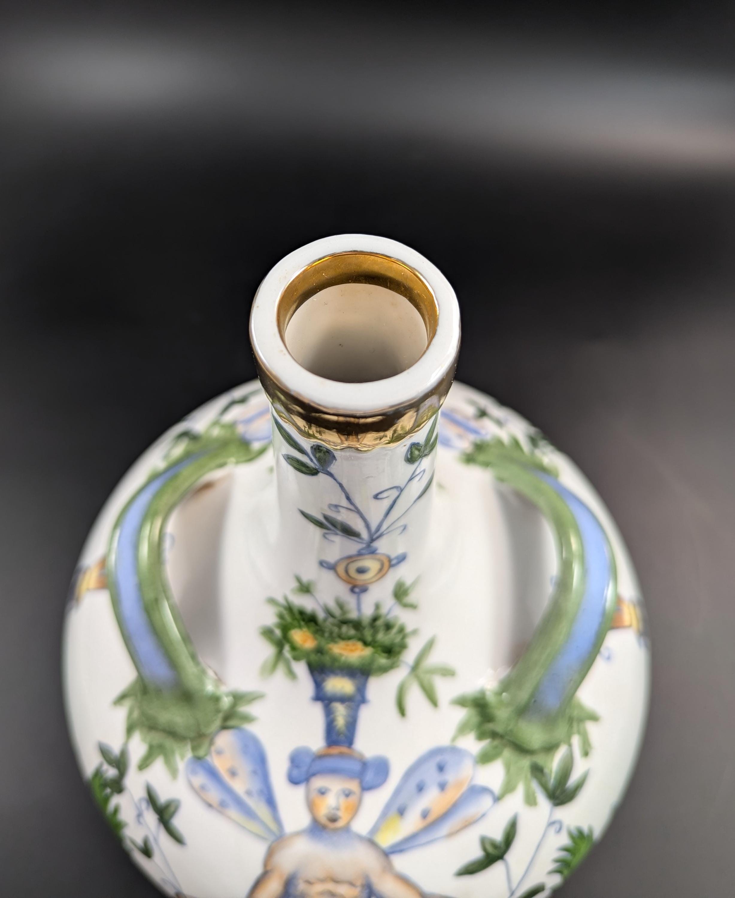 Antique French Faience Flask: Grotesque Design, Gilded Rim