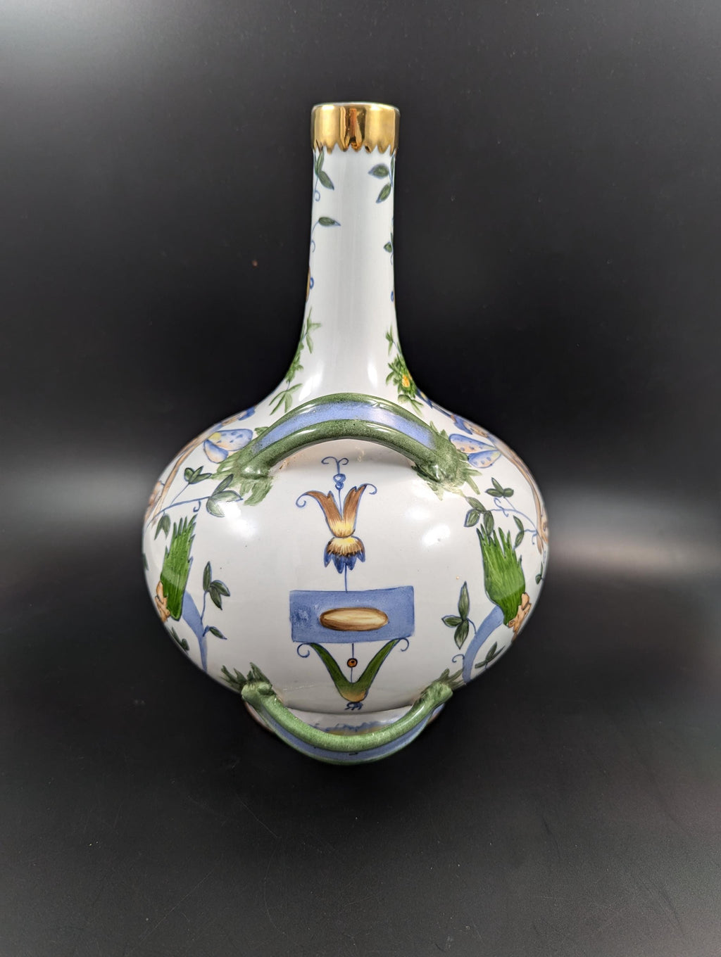 Antique French Faience Flask: Grotesque Design, Gilded Rim