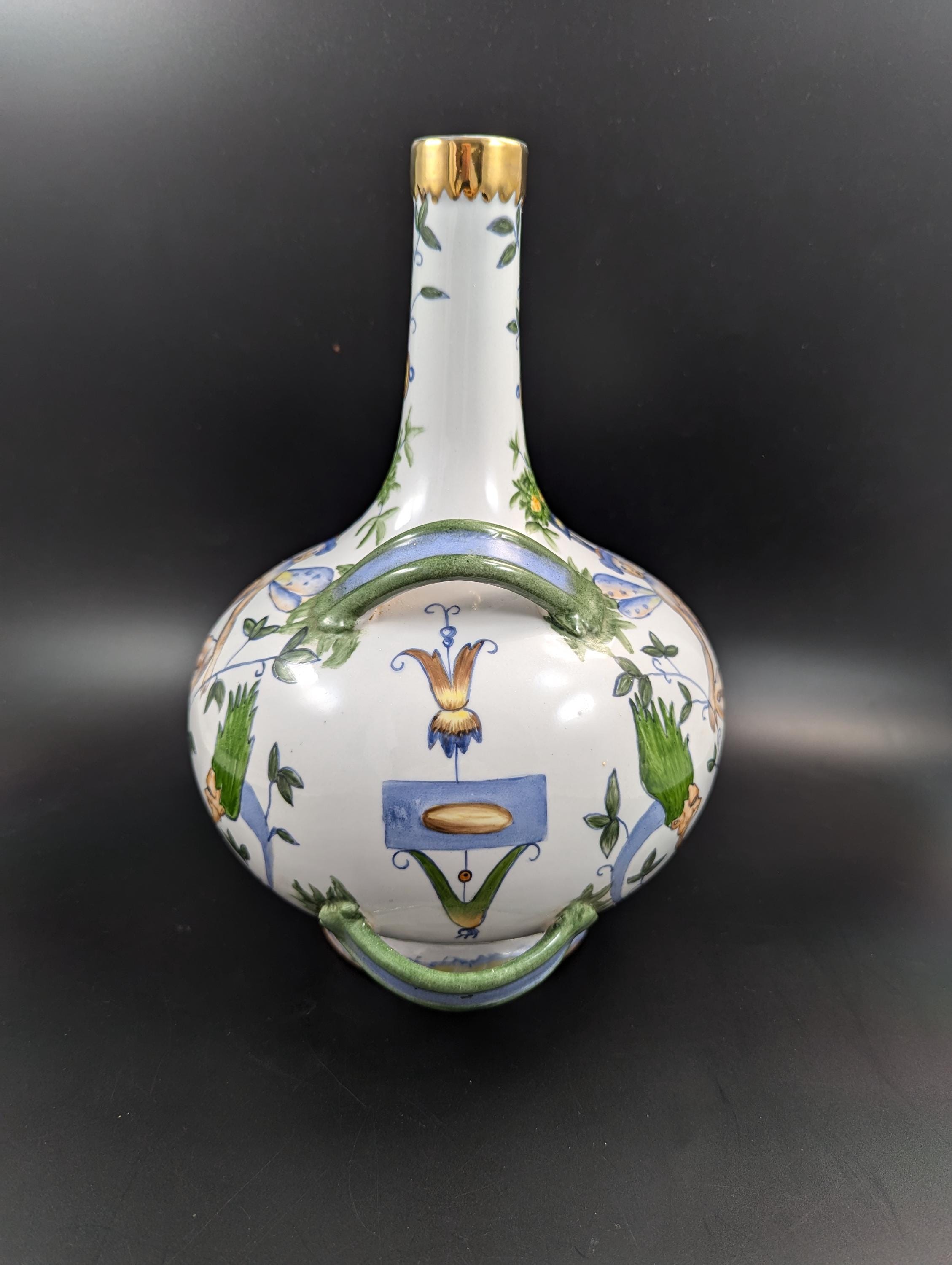 Antique French Faience Flask: Grotesque Design, Gilded Rim