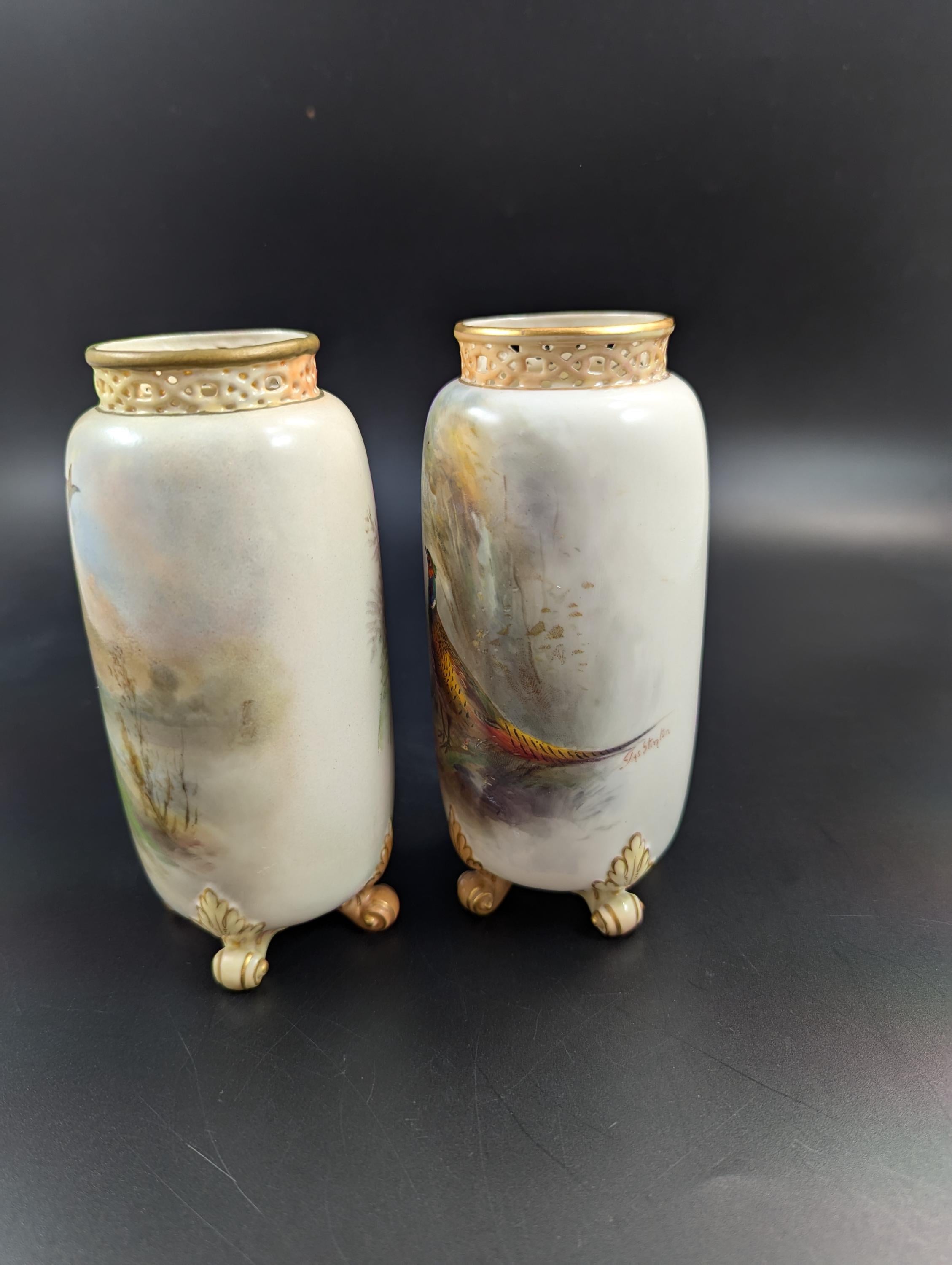 Pair of Royal Worcester Vases with Painted Pheasants by James Stinton