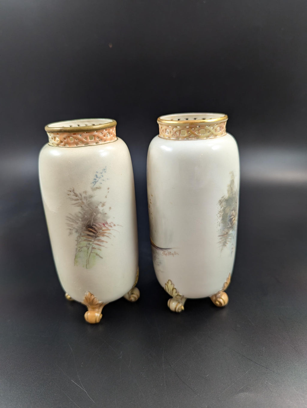 Pair of Royal Worcester Vases with Painted Pheasants by James Stinton