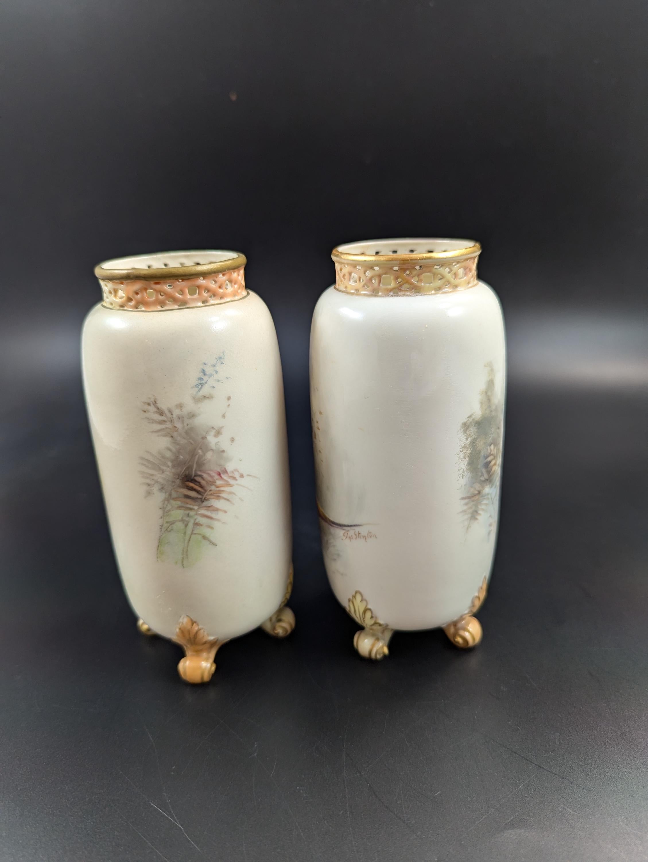 Pair of Royal Worcester Vases with Painted Pheasants by James Stinton