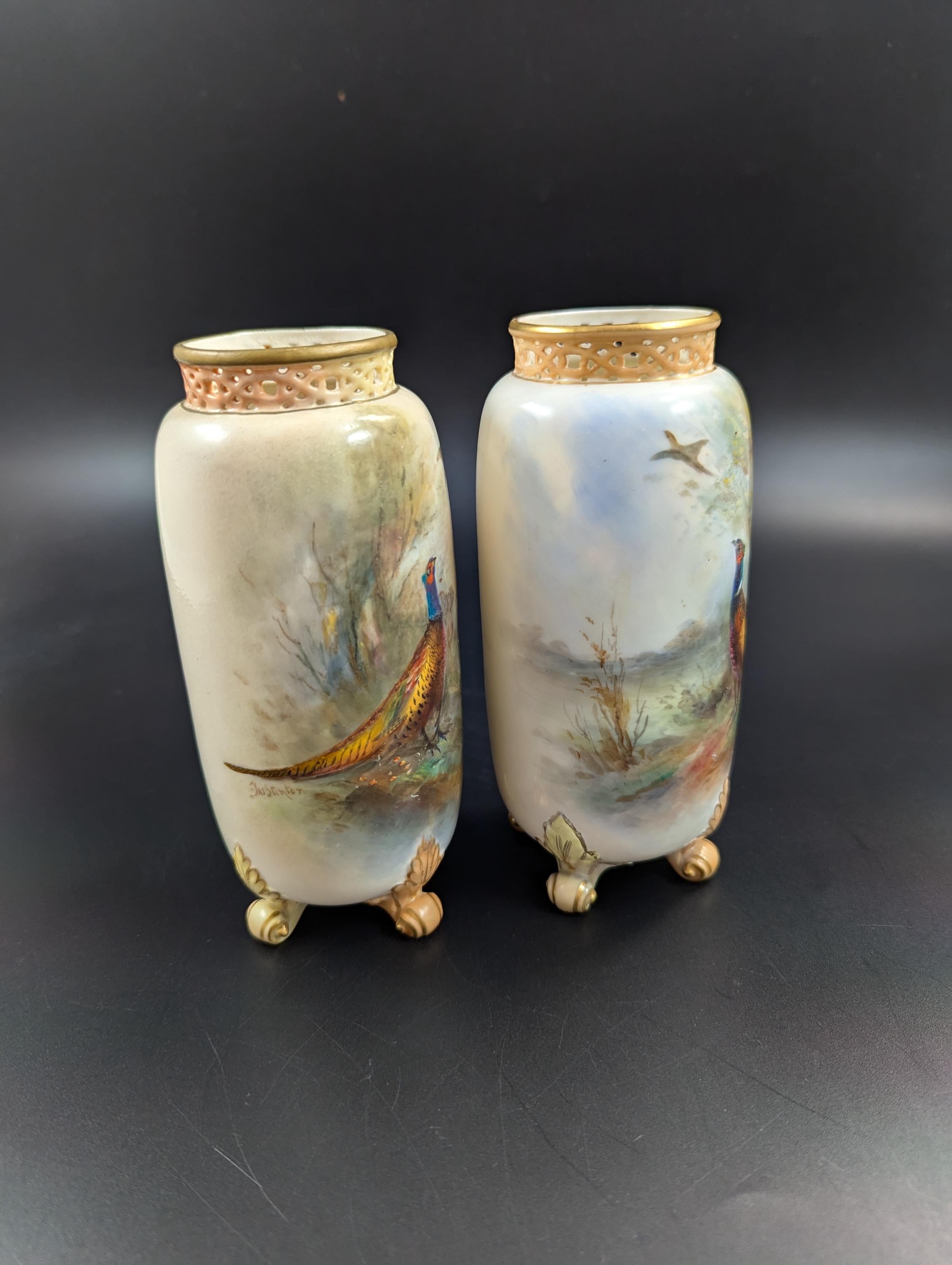 Pair of Royal Worcester Vases with Painted Pheasants by James Stinton