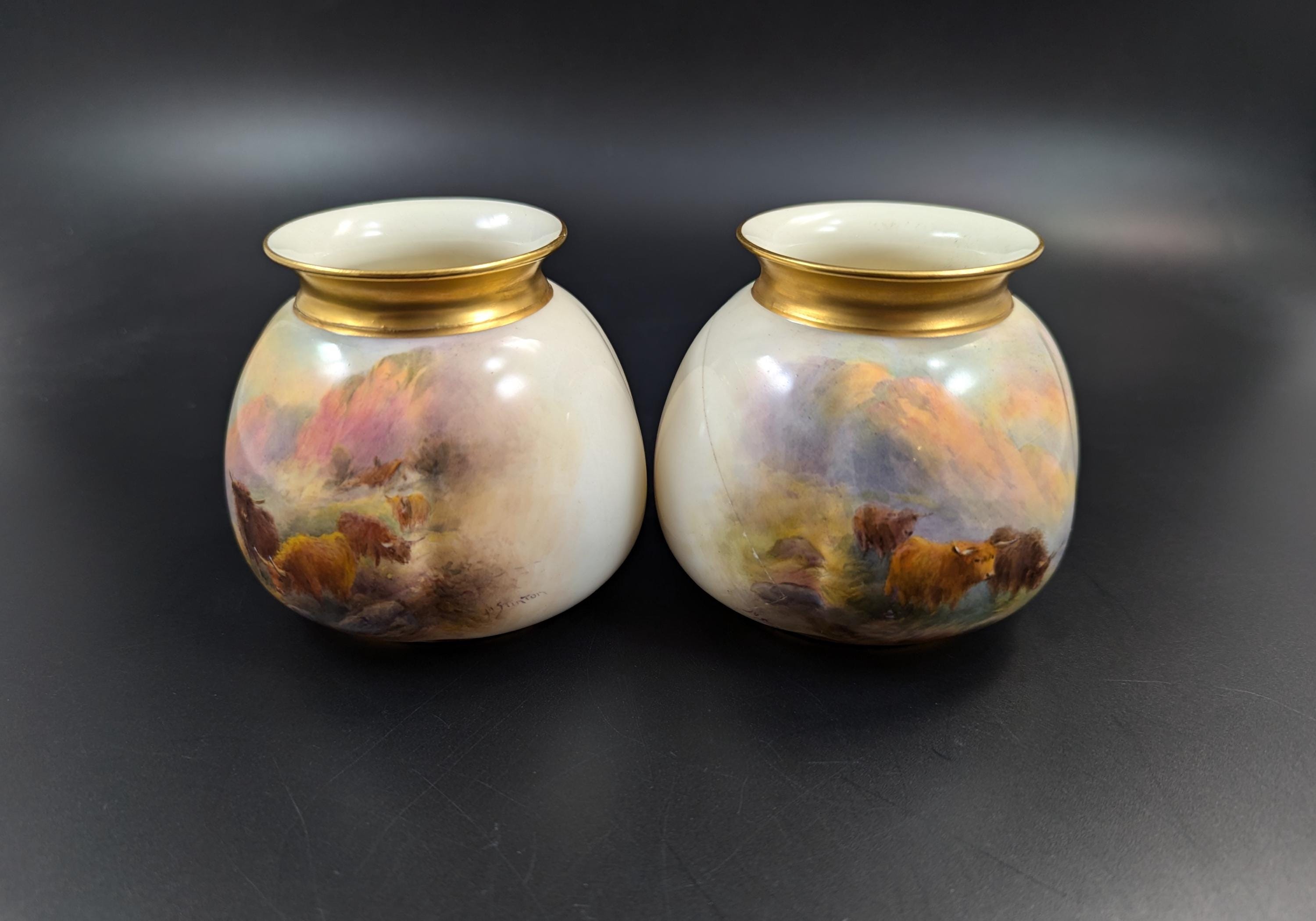 A Pair of Royal Worcester Vases Painted with Highland Cattle by Harry Stinton