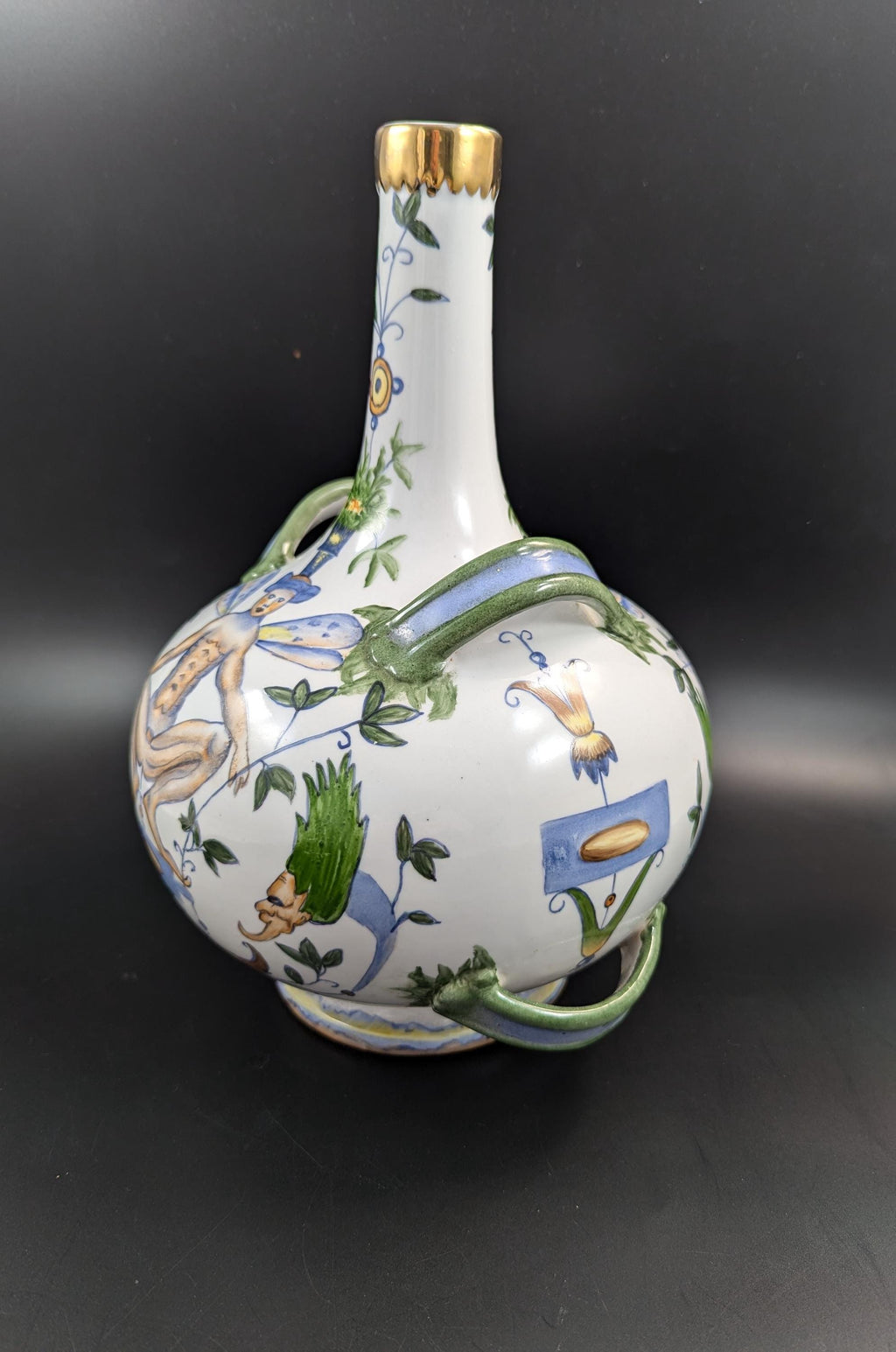 Antique French Faience Flask: Grotesque Design, Gilded Rim