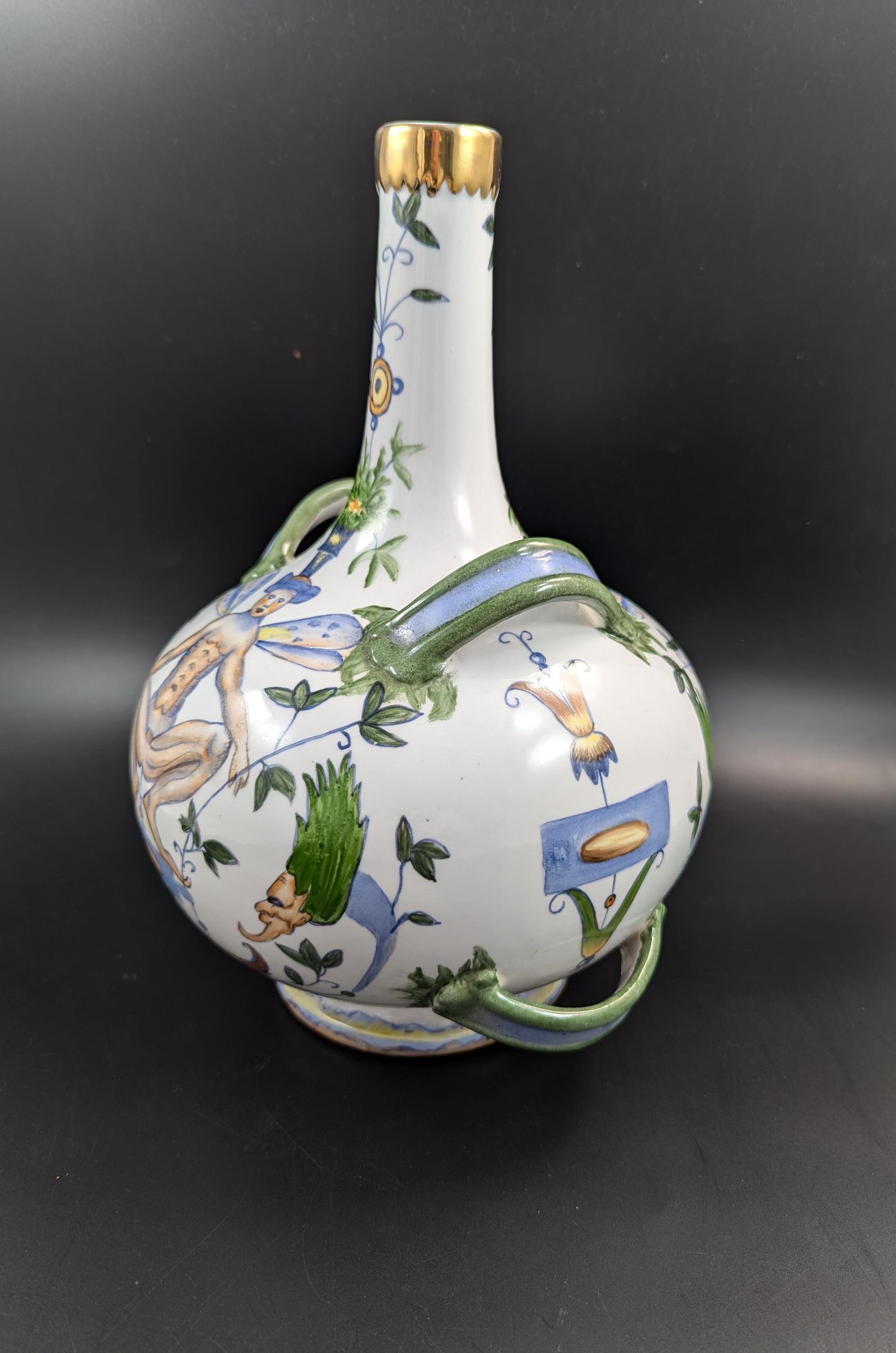 Antique French Faience Flask: Grotesque Design, Gilded Rim