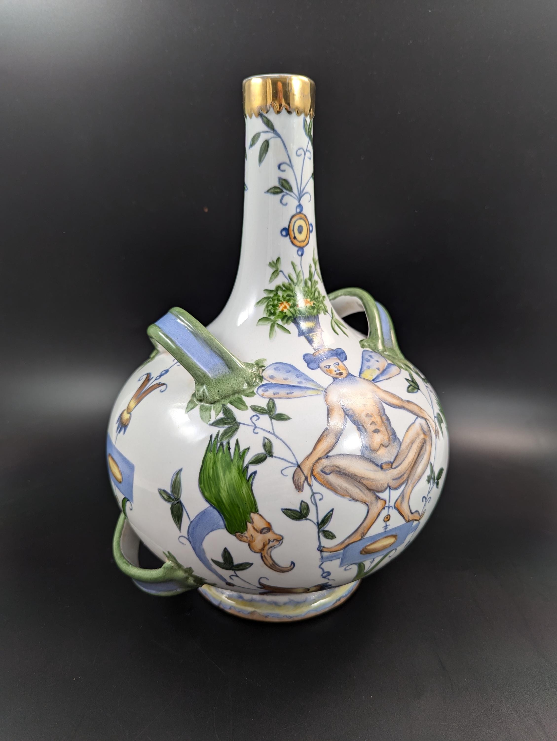 Antique French Faience Flask: Grotesque Design, Gilded Rim