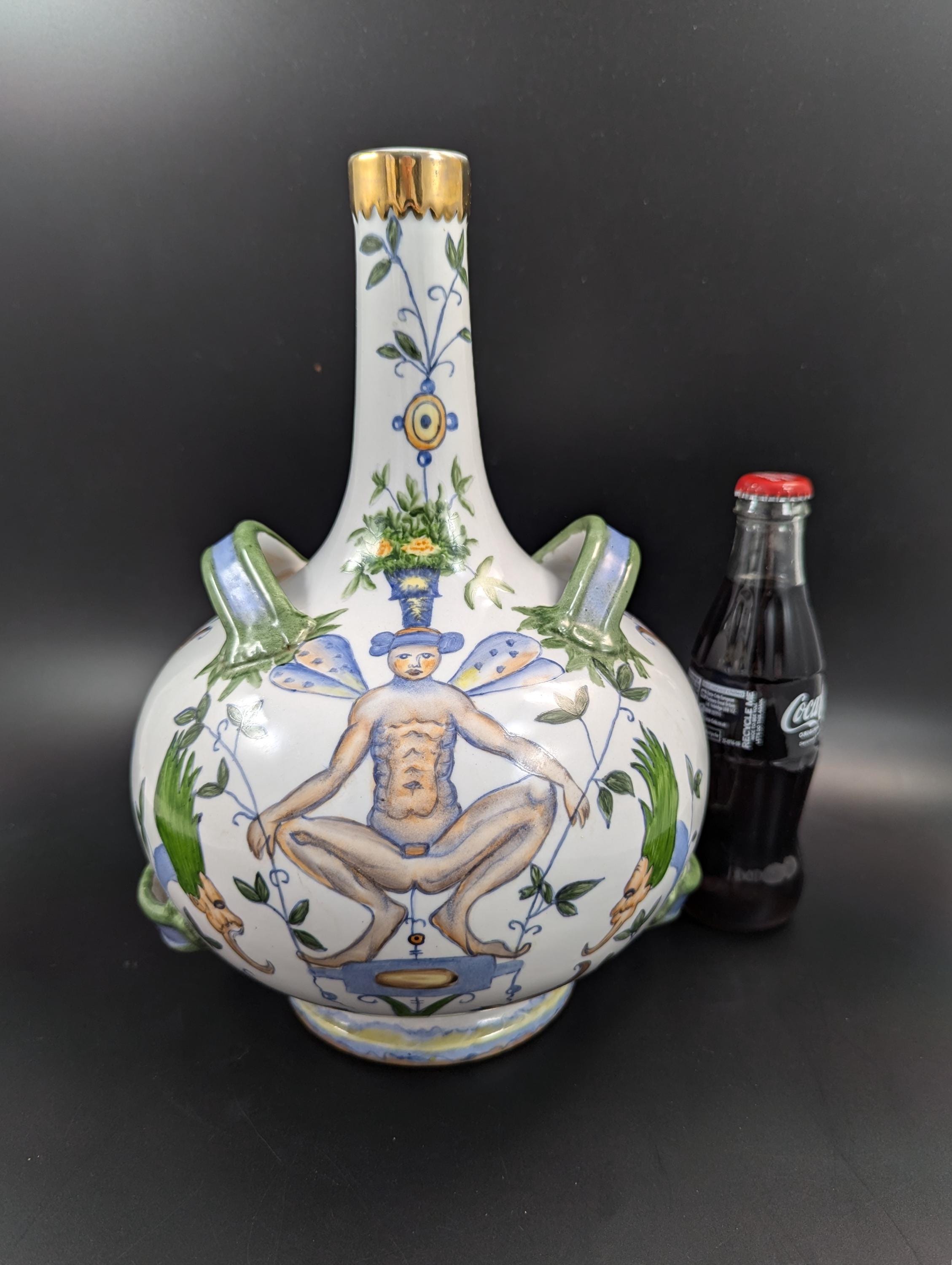 Antique French Faience Flask: Grotesque Design, Gilded Rim