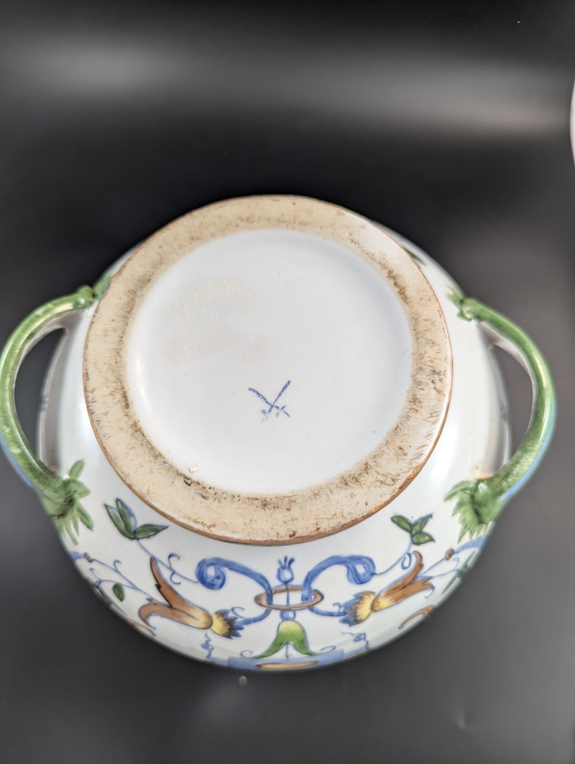 Antique French Faience Flask: Grotesque Design, Gilded Rim