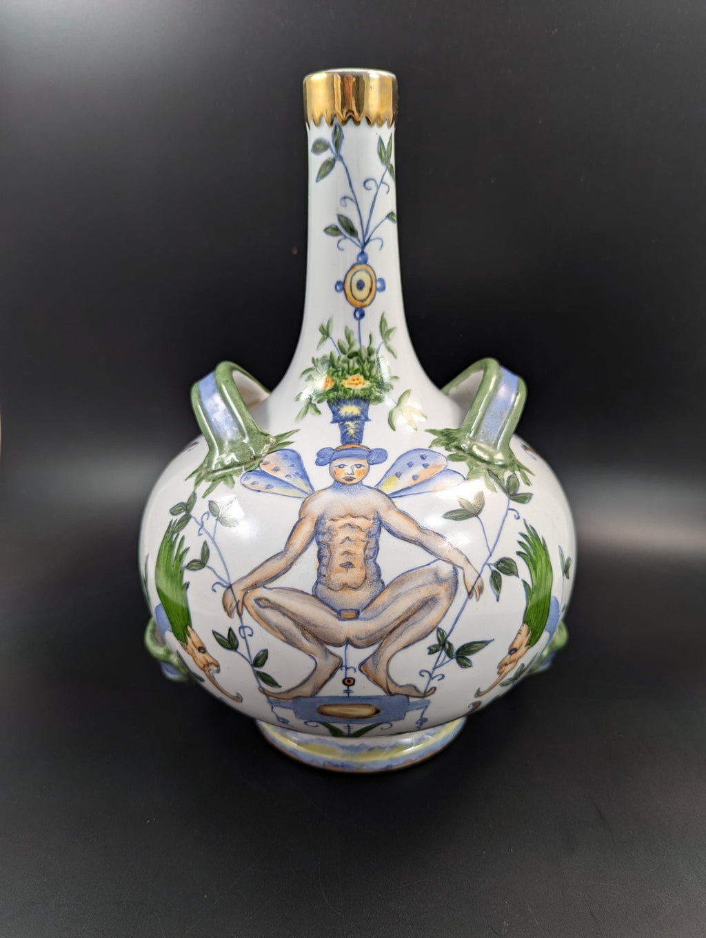 Antique French Faience Flask: Grotesque Design, Gilded Rim