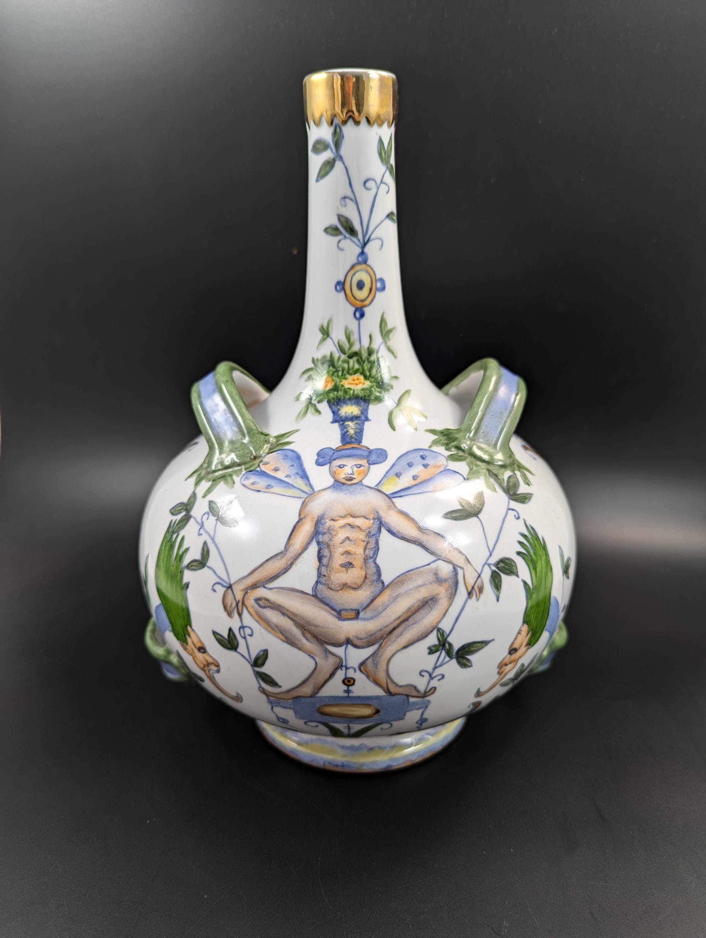 Antique French Faience Flask: Grotesque Design, Gilded Rim