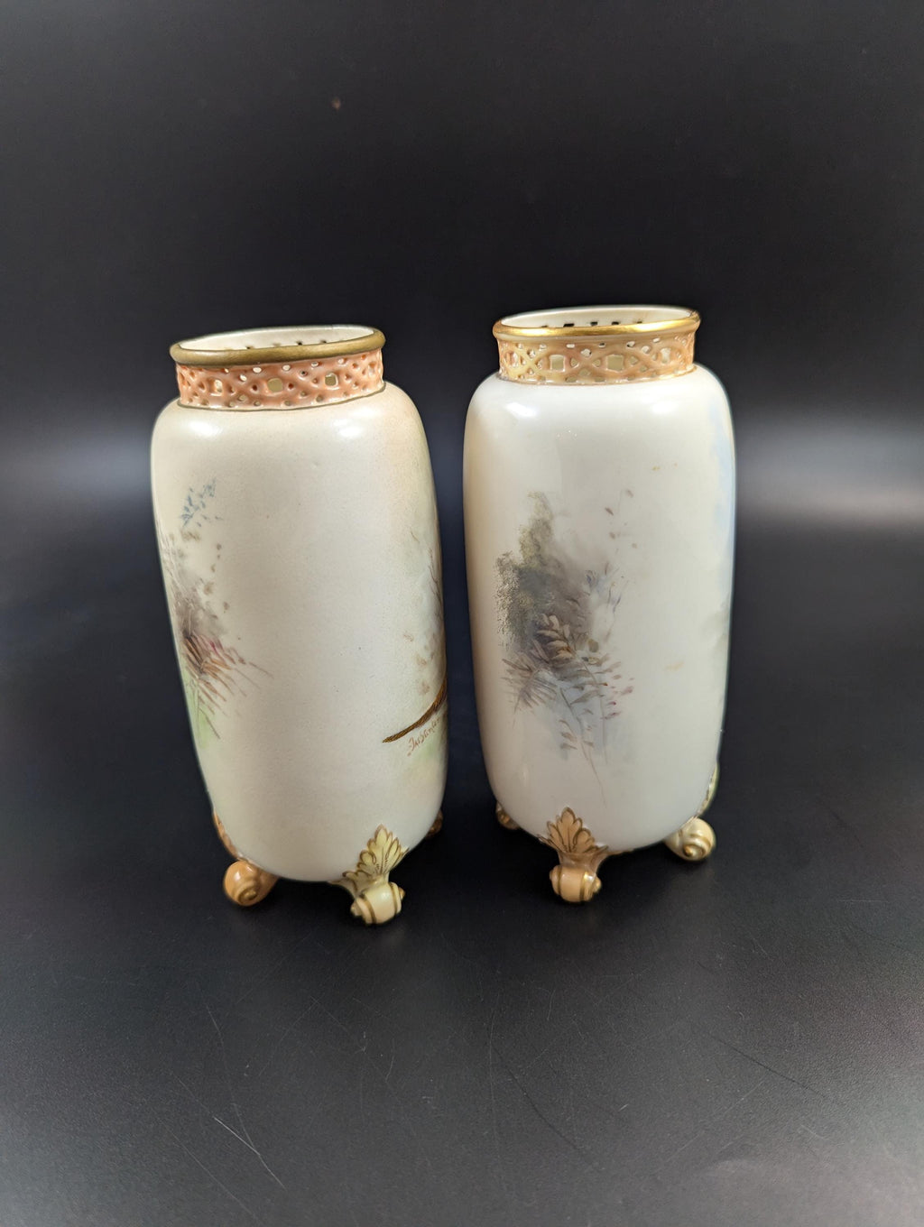 Pair of Royal Worcester Vases with Painted Pheasants by James Stinton