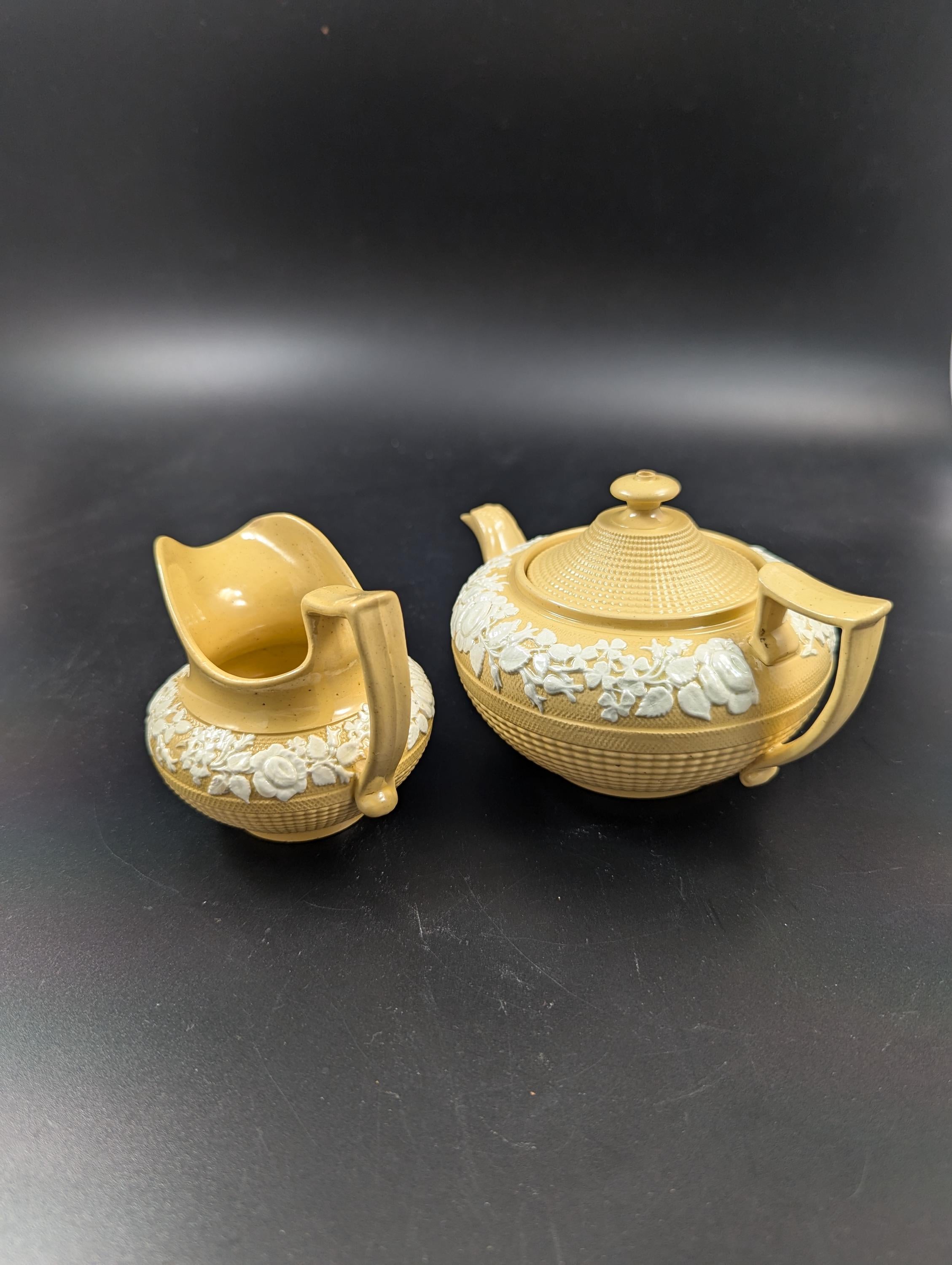 Antique Teapot and Creamer, W. Hackwood Style, Wedgwood, c. 1823