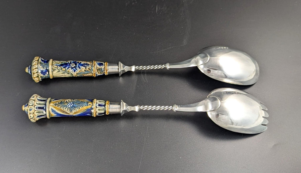 Antique Set of Doulton Lambeth Salad Bowl and Silver Servers, c. 1877 - Rare