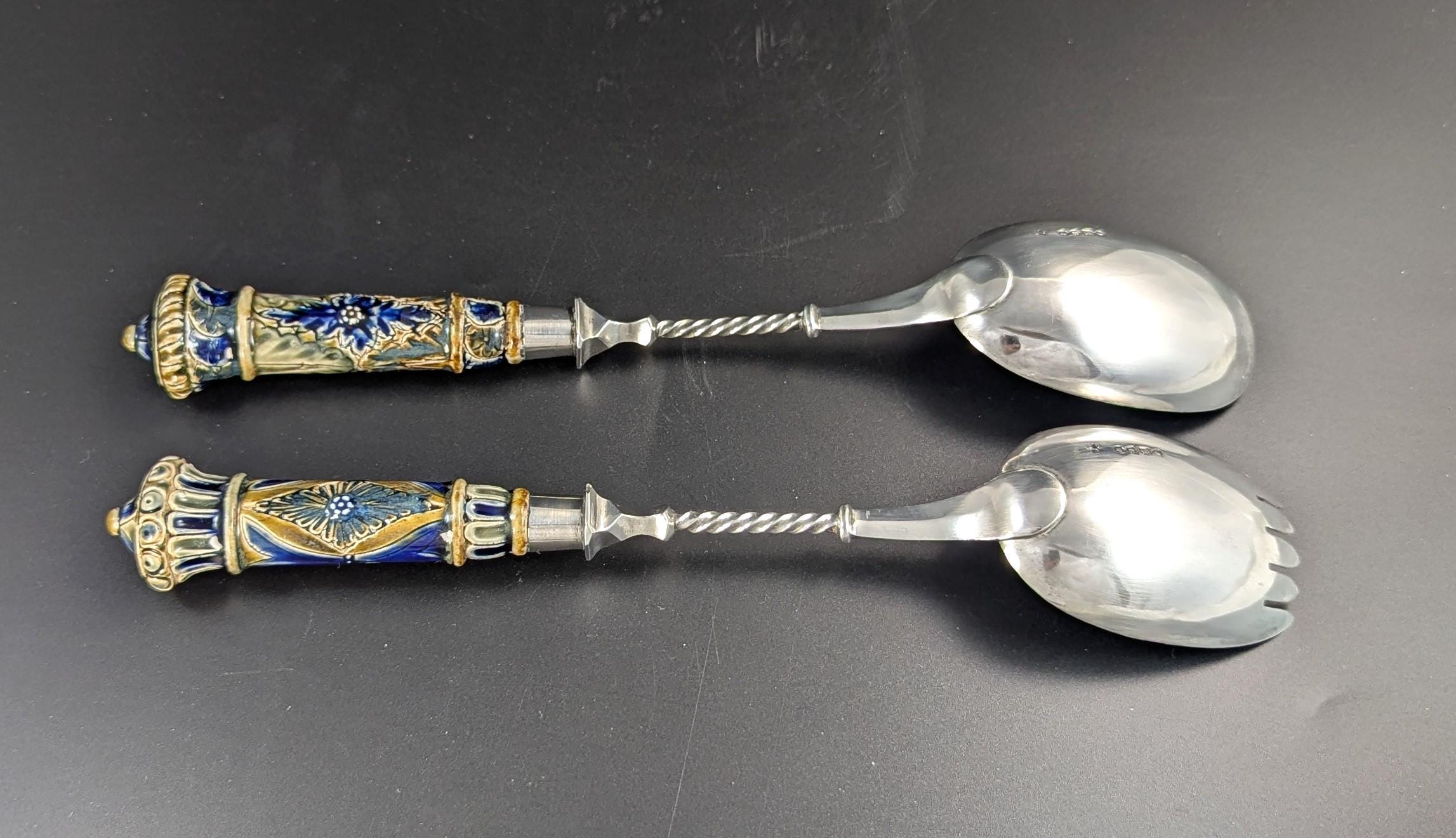 Antique Set of Doulton Lambeth Salad Bowl and Silver Servers, c. 1877 - Rare