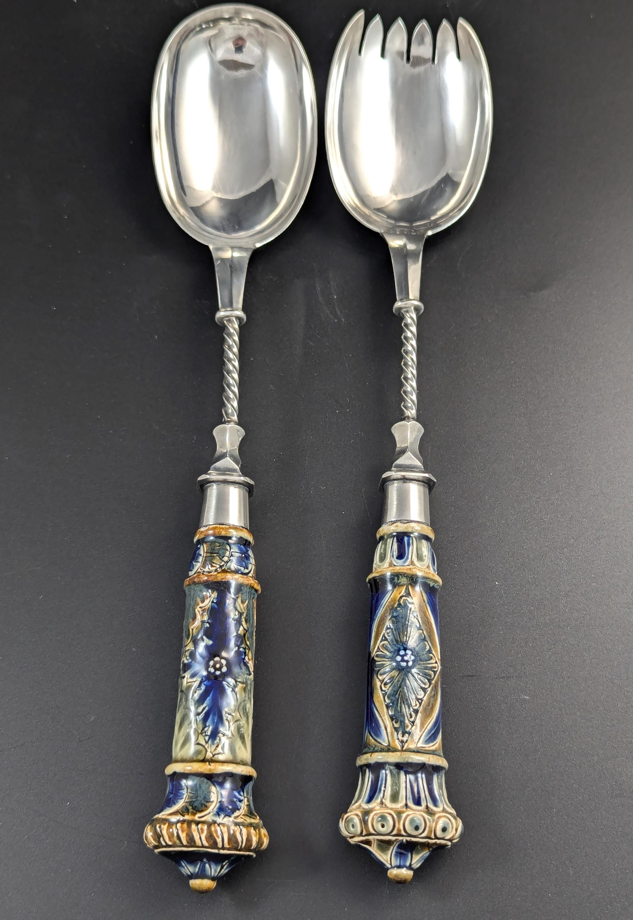 Antique Set of Doulton Lambeth Salad Bowl and Silver Servers, c. 1877 - Rare
