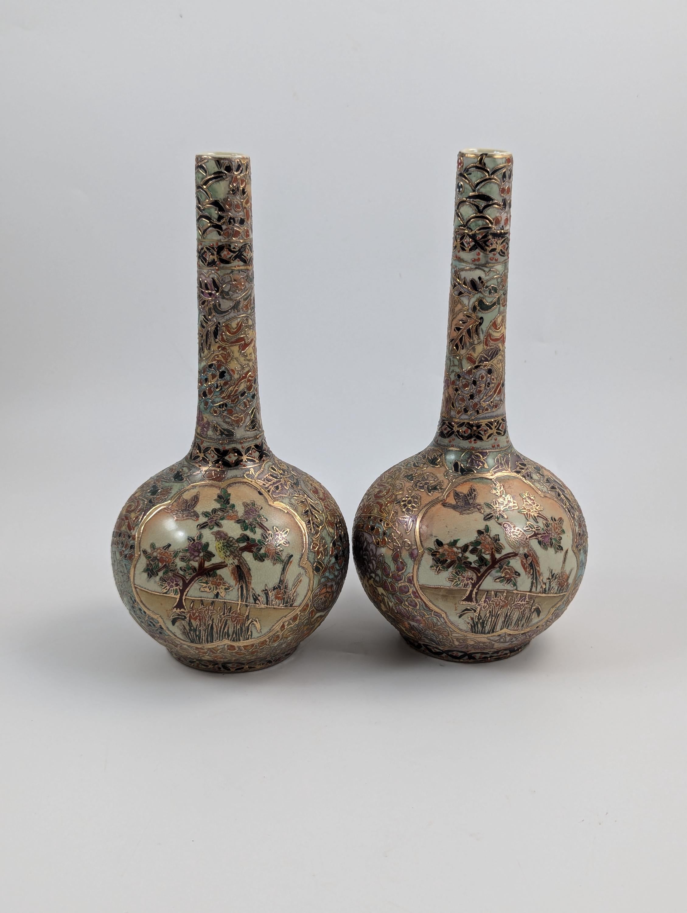 Antique Handpainted Bud Vases, Satsuma, signed by Gyokushū, Meiji period (1868-1912).