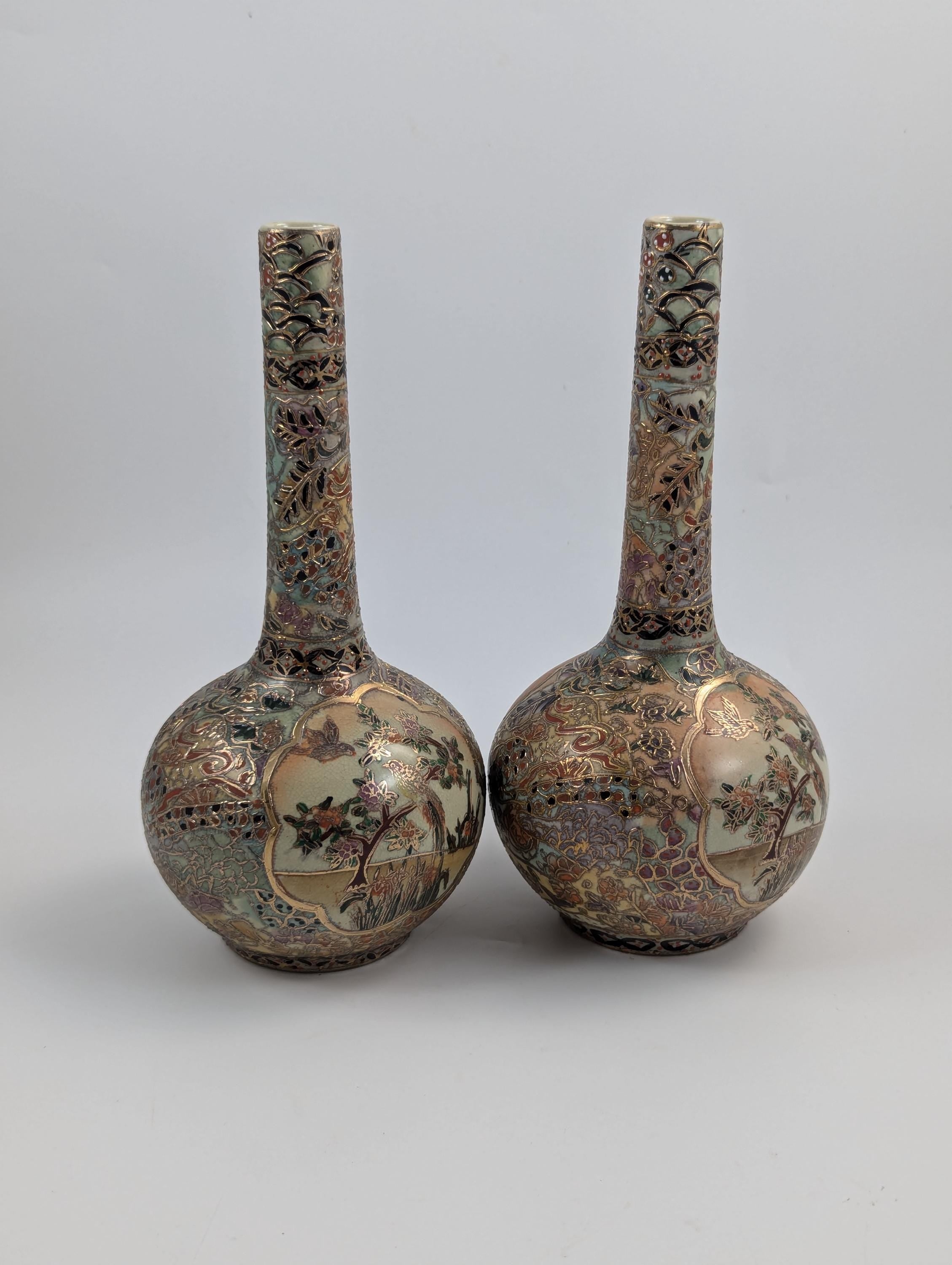 Antique Handpainted Bud Vases, Satsuma, signed by Gyokushū, Meiji period (1868-1912).