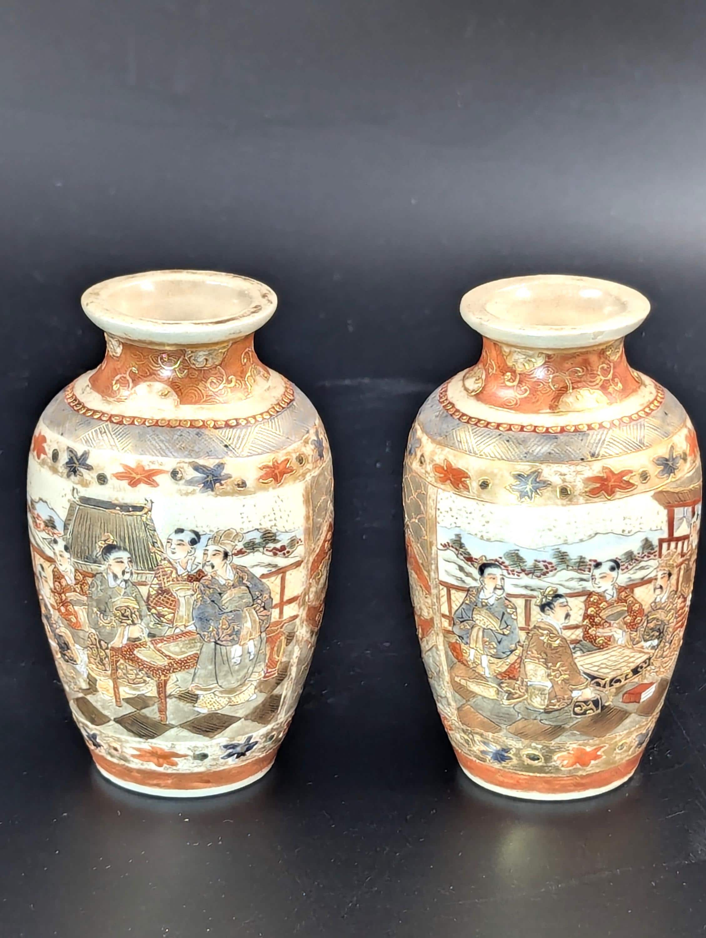 Antique Small Hand Painted Vases, Kutani, Japan, Meiji Period