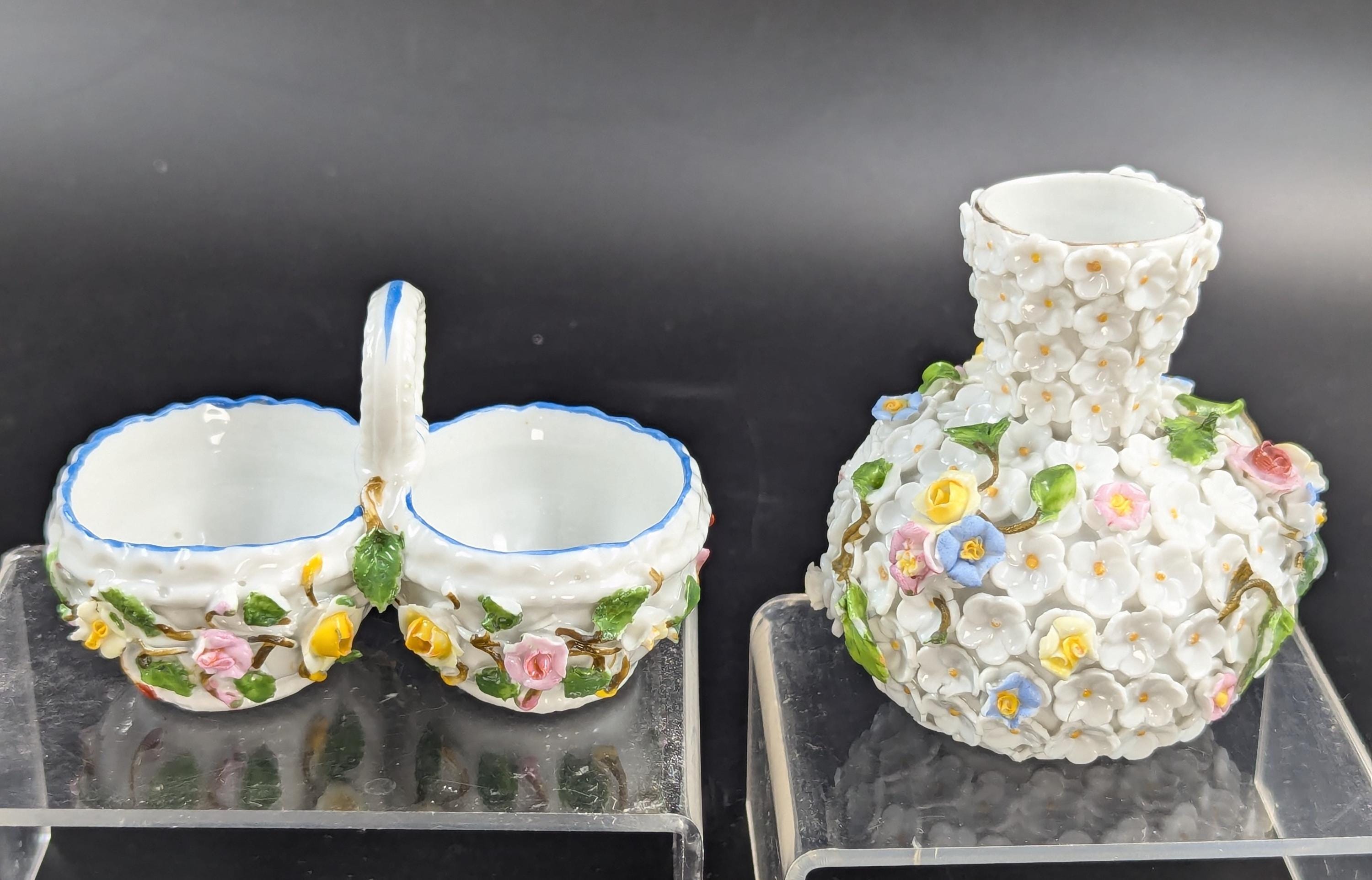 Porcelain Encrusted Vase and Salt Cellar by Bohne Söhne Rudolstadt, c. 1880.