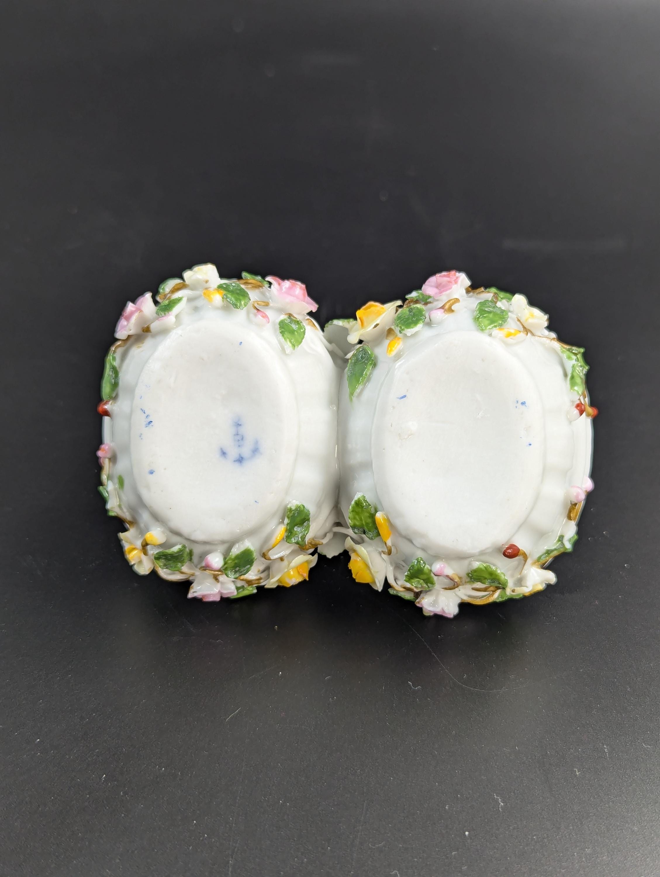 Porcelain Encrusted Vase and Salt Cellar by Bohne Söhne Rudolstadt, c. 1880.