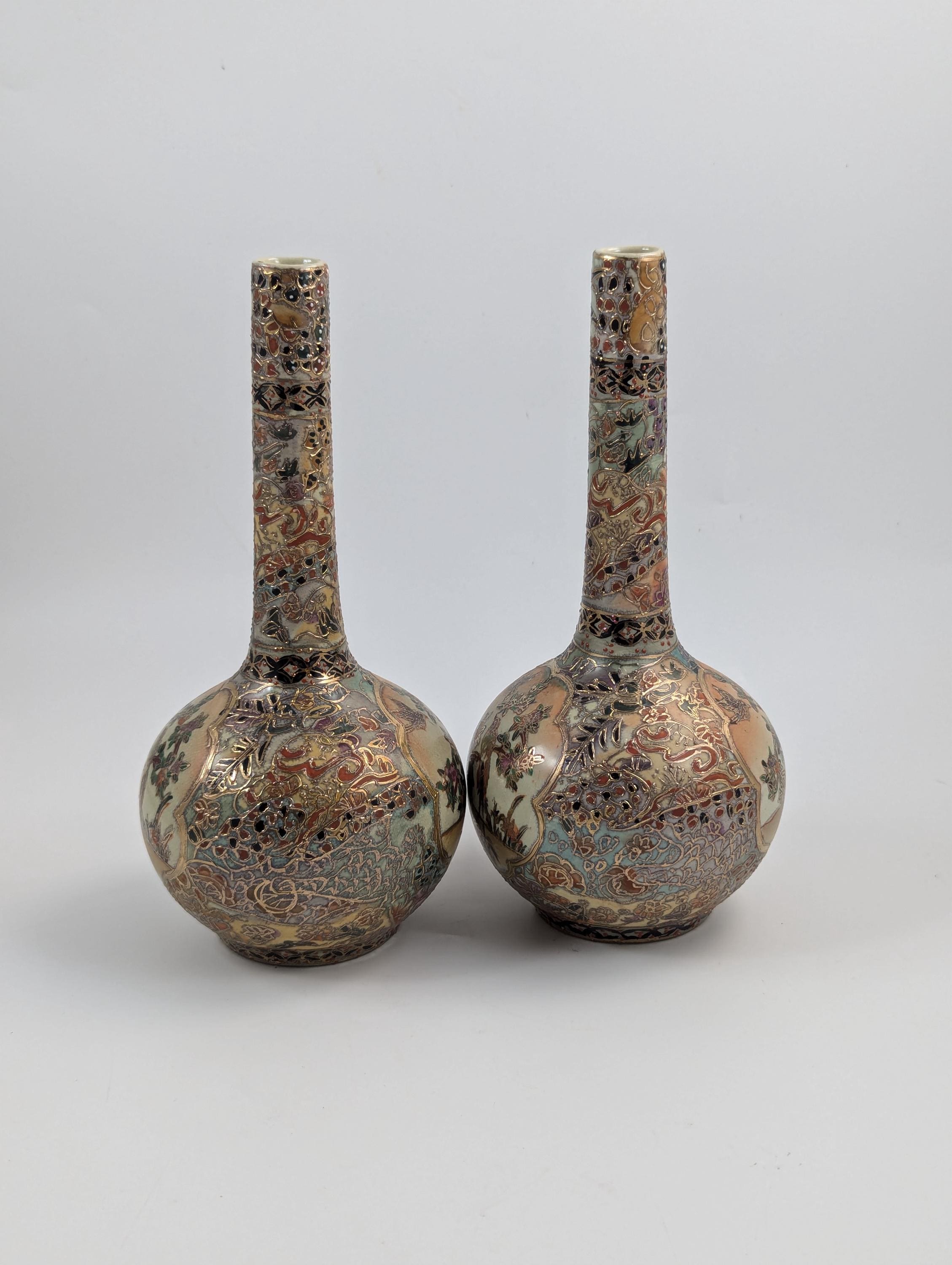 Antique Handpainted Bud Vases, Satsuma, signed by Gyokushū, Meiji period (1868-1912).