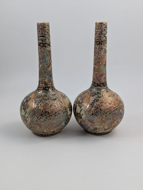 Antique Handpainted Bud Vases, Satsuma, signed by Gyokushū, Meiji period (1868-1912).