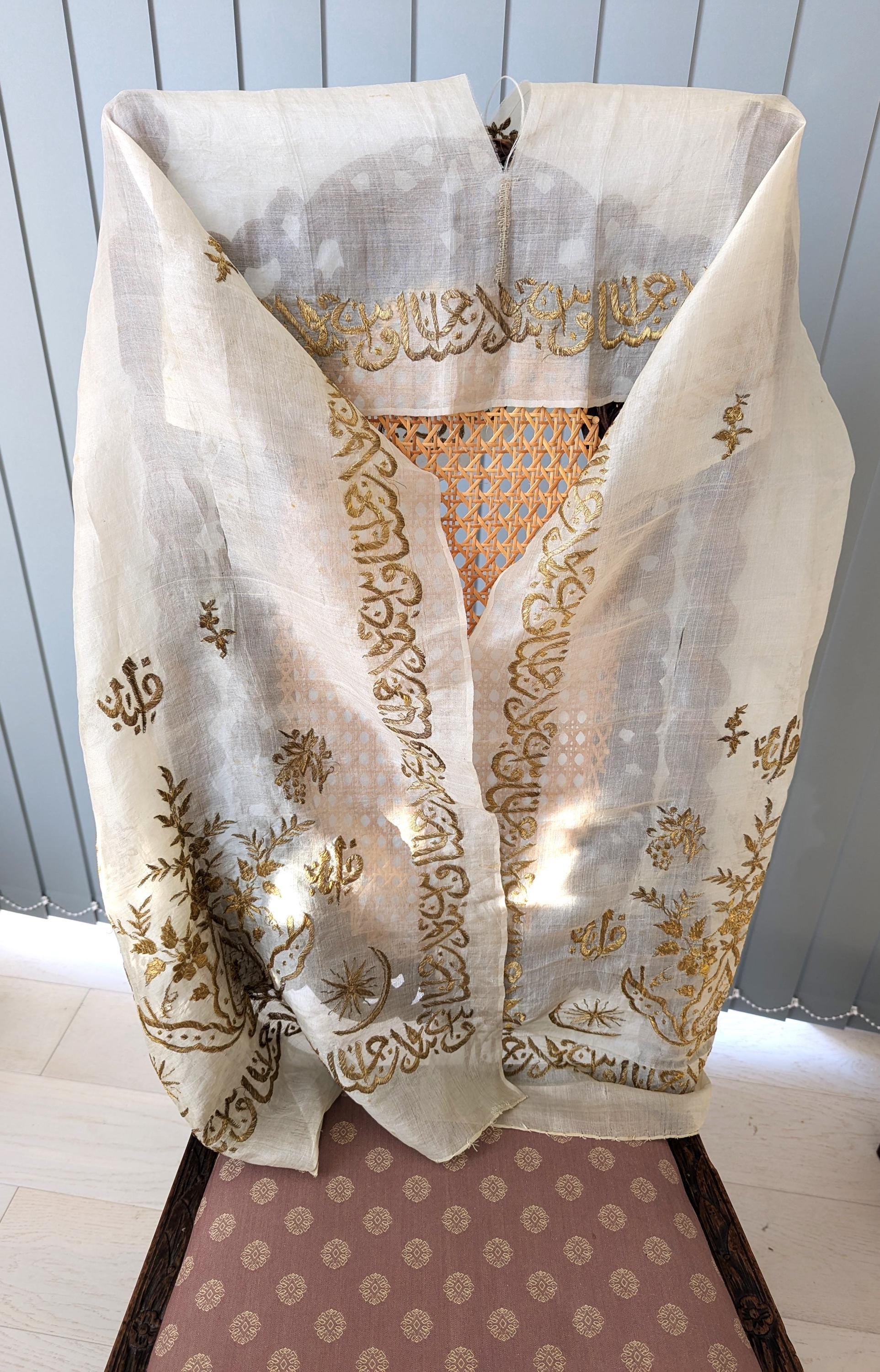 Ottoman Gold-Embroidered Silk Tülbent, 19th Century (210 × 50 cm)