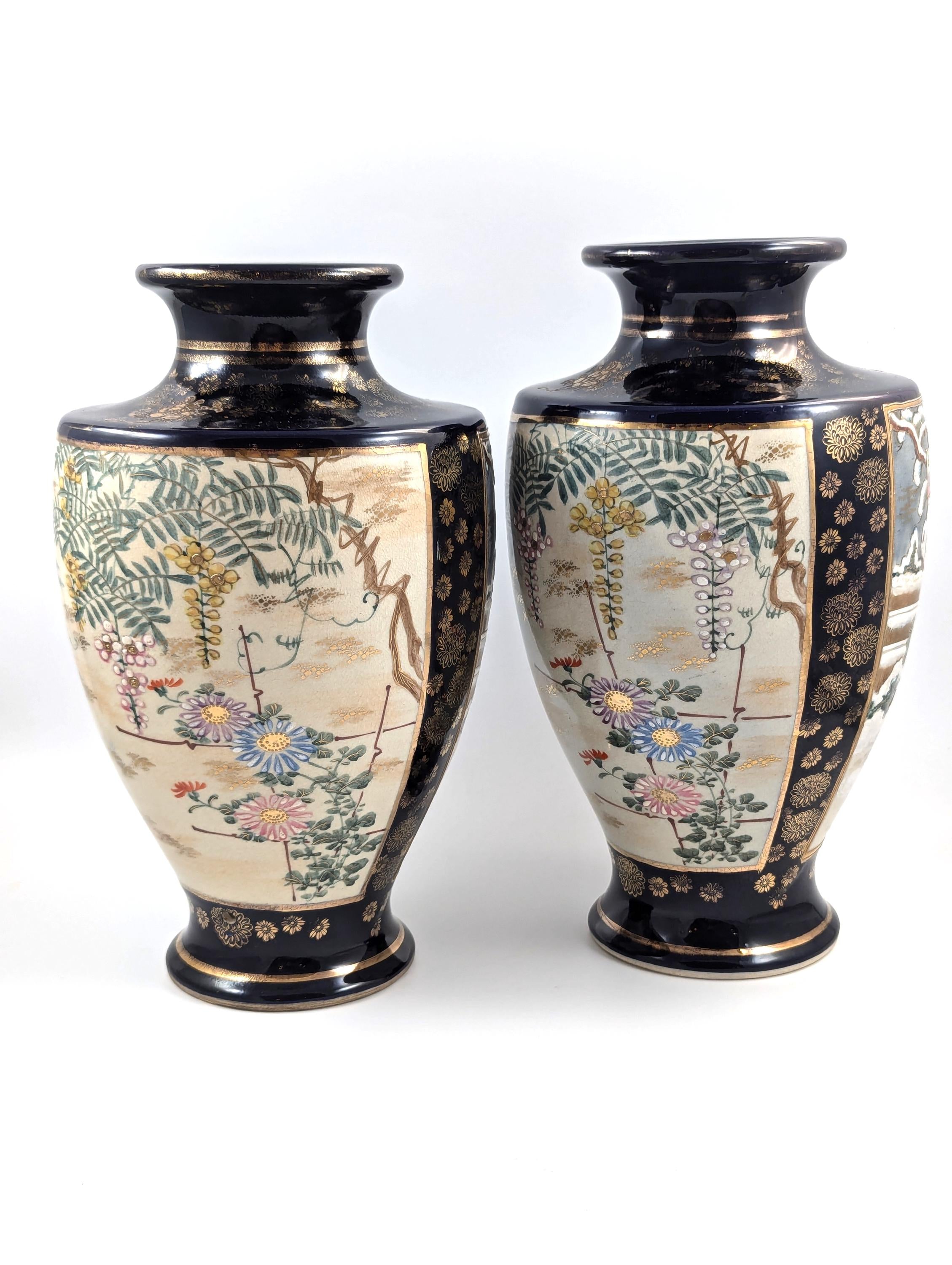 Antique Hand-Painted Pair of Satsuma Vases, Japan, Meiji Period