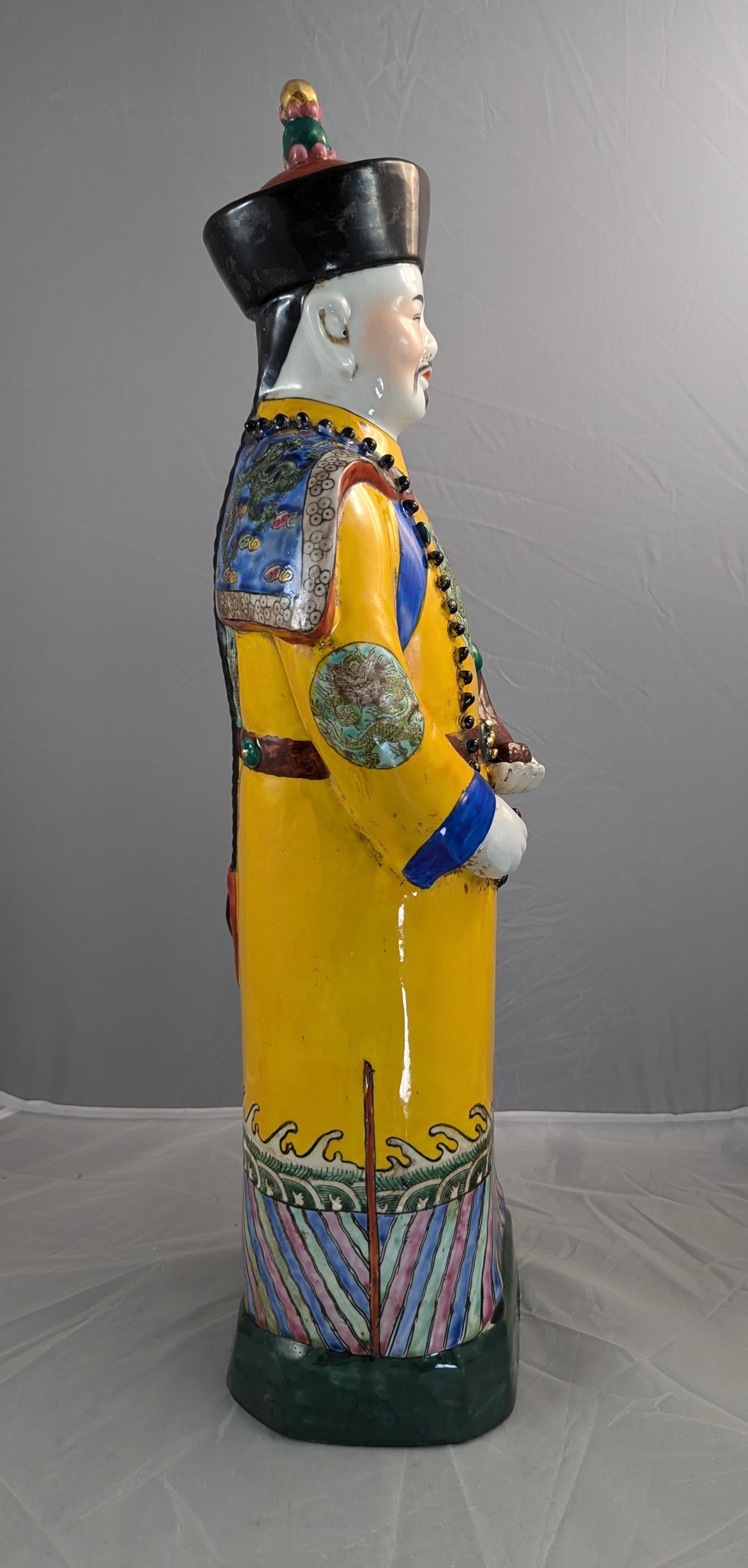 Antique Large Chinese Earthenware Figurine of Emperor, Qing Dynasty