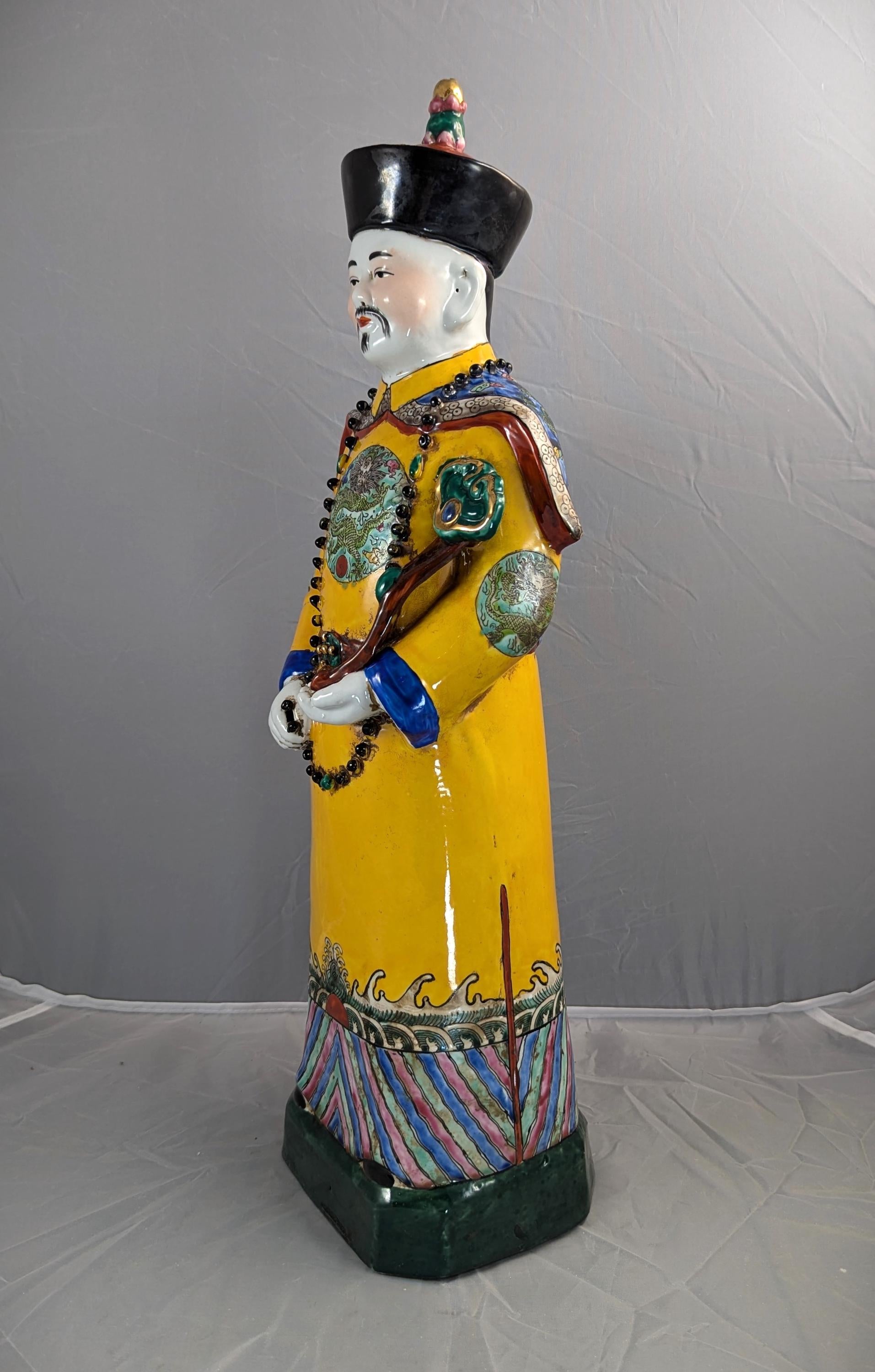 Antique Large Chinese Earthenware Figurine of Emperor, Qing Dynasty
