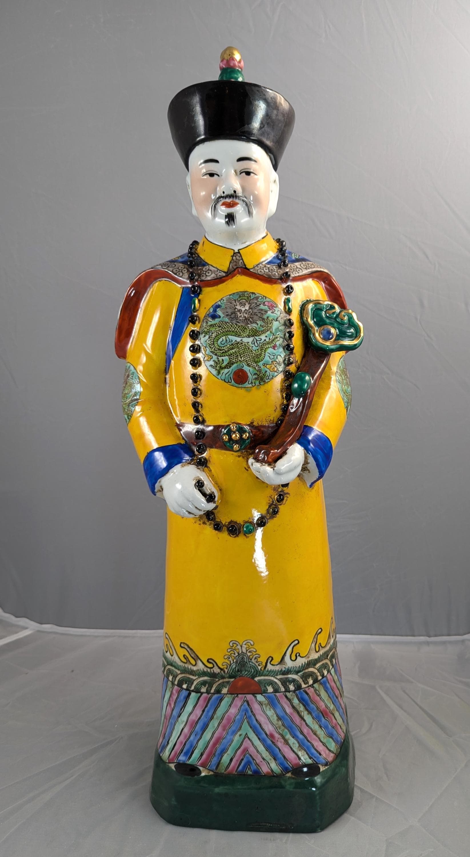 Antique Large Chinese Earthenware Figurine of Emperor, Qing Dynasty