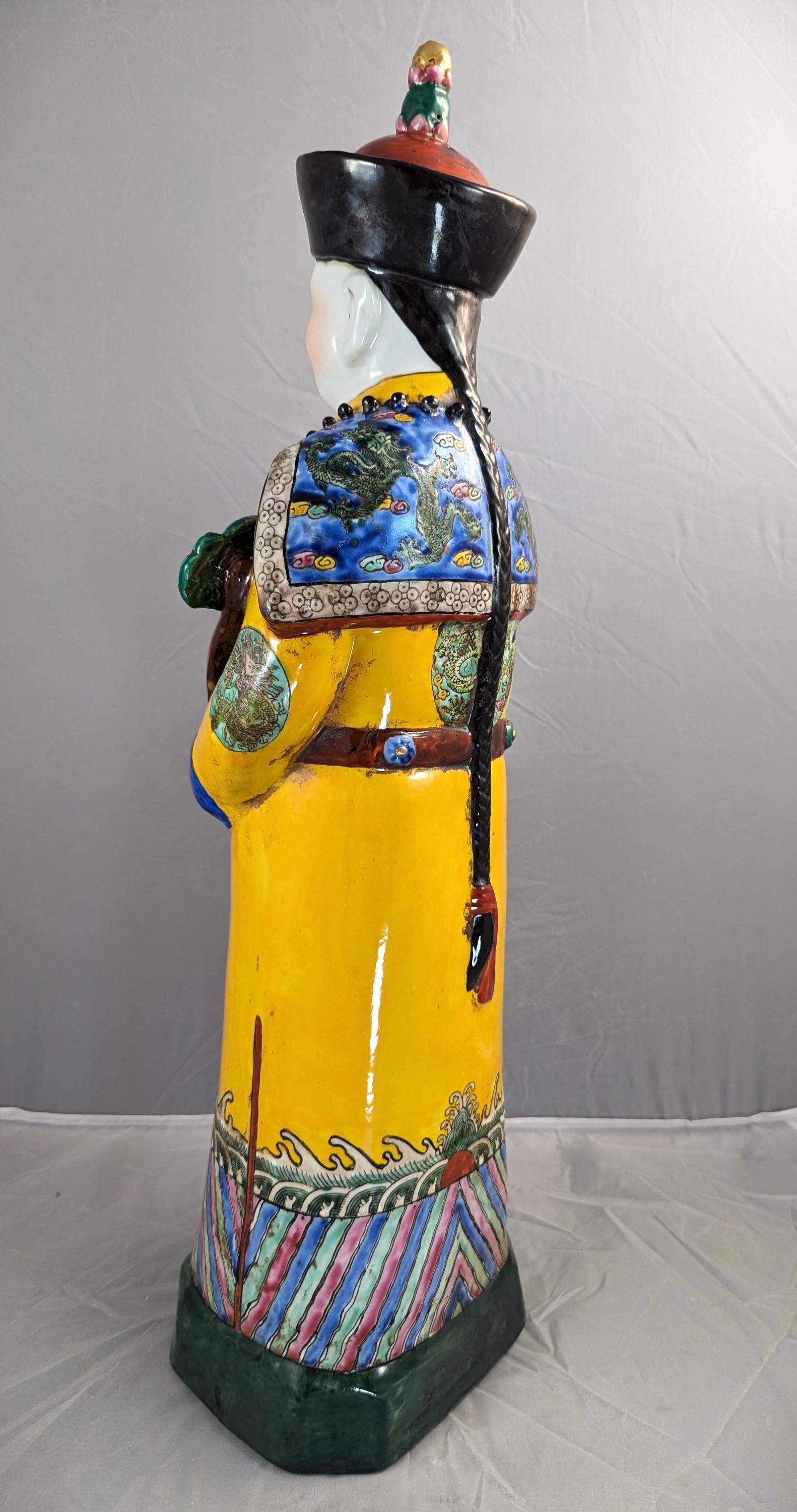 Antique Large Chinese Earthenware Figurine of Emperor, Qing Dynasty