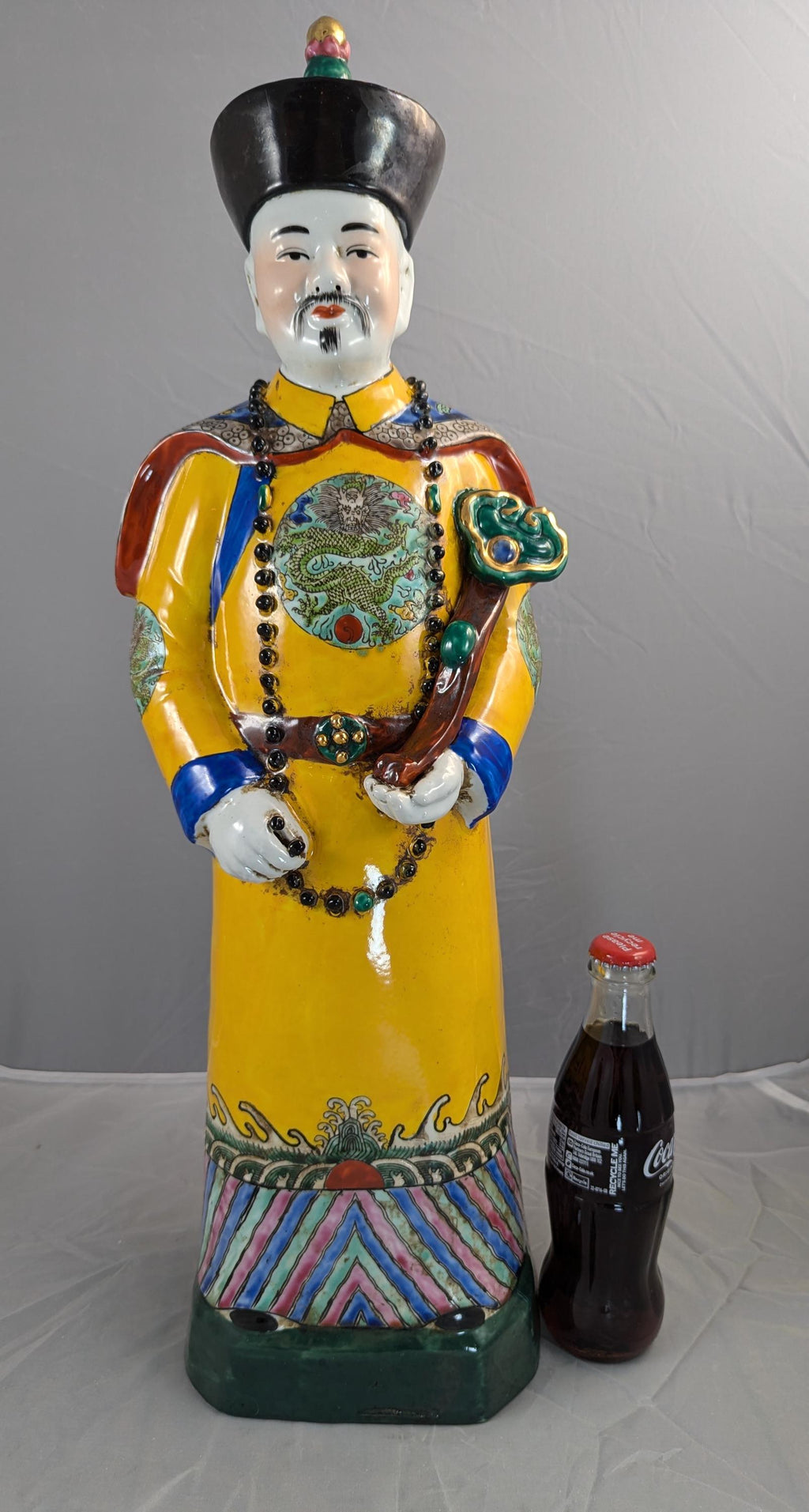 Antique Large Chinese Earthenware Figurine of Emperor, Qing Dynasty