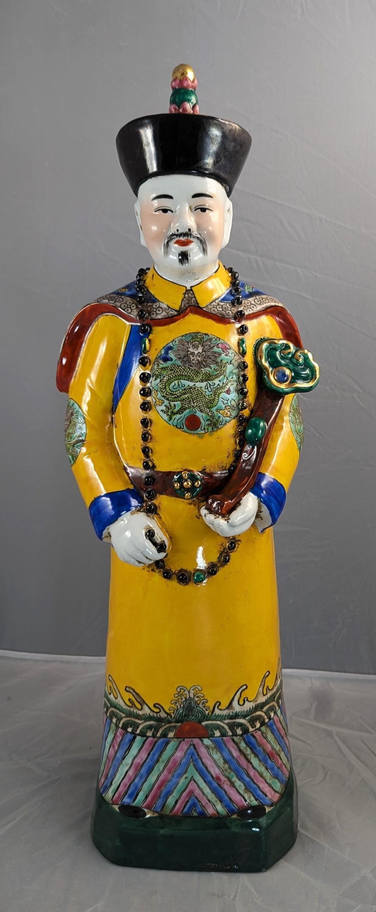 Antique Large Chinese Earthenware Figurine of Emperor, Qing Dynasty
