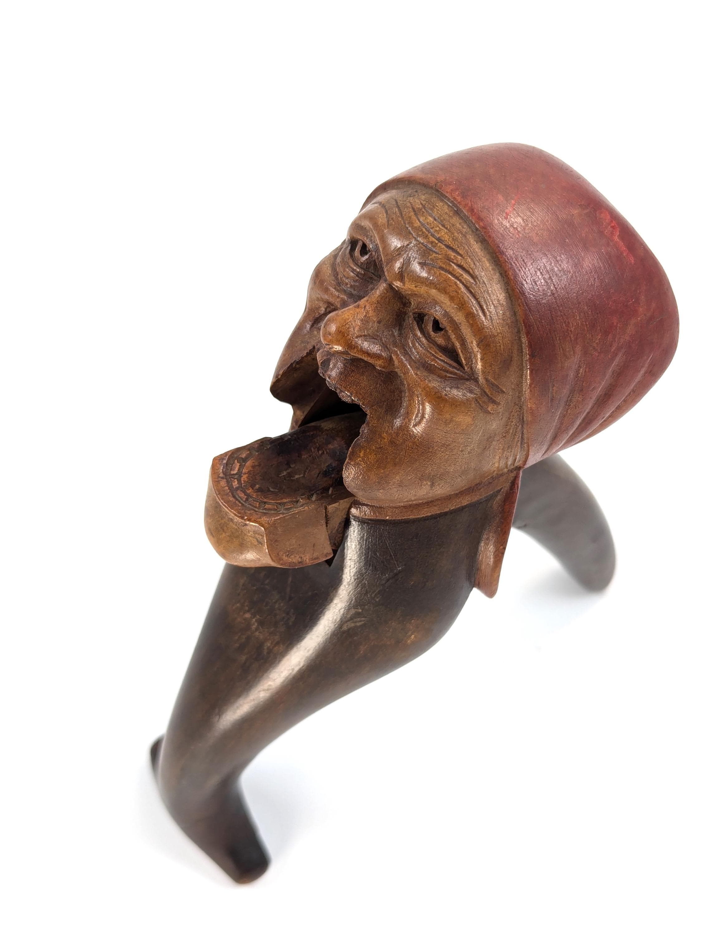 Antique Black Forest Carved Wood Nutcracker: Grotesque Woman Folk Art