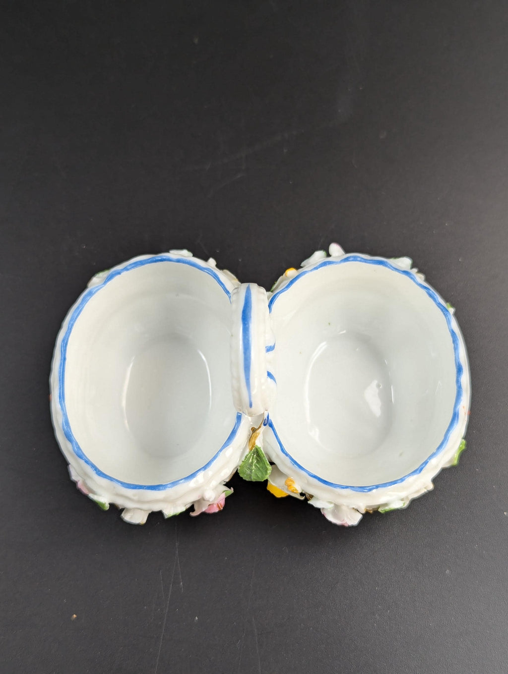 Porcelain Encrusted Vase and Salt Cellar by Bohne Söhne Rudolstadt, c. 1880.