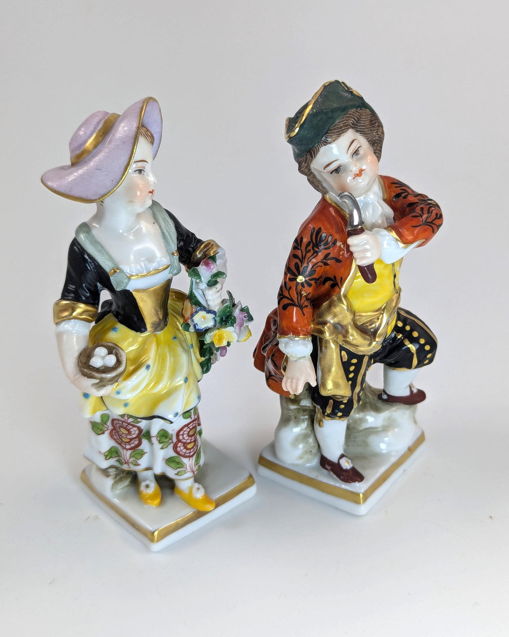Antique Porcelain Figurines of Farmer and Gardener, in Chelsea Style,  19th