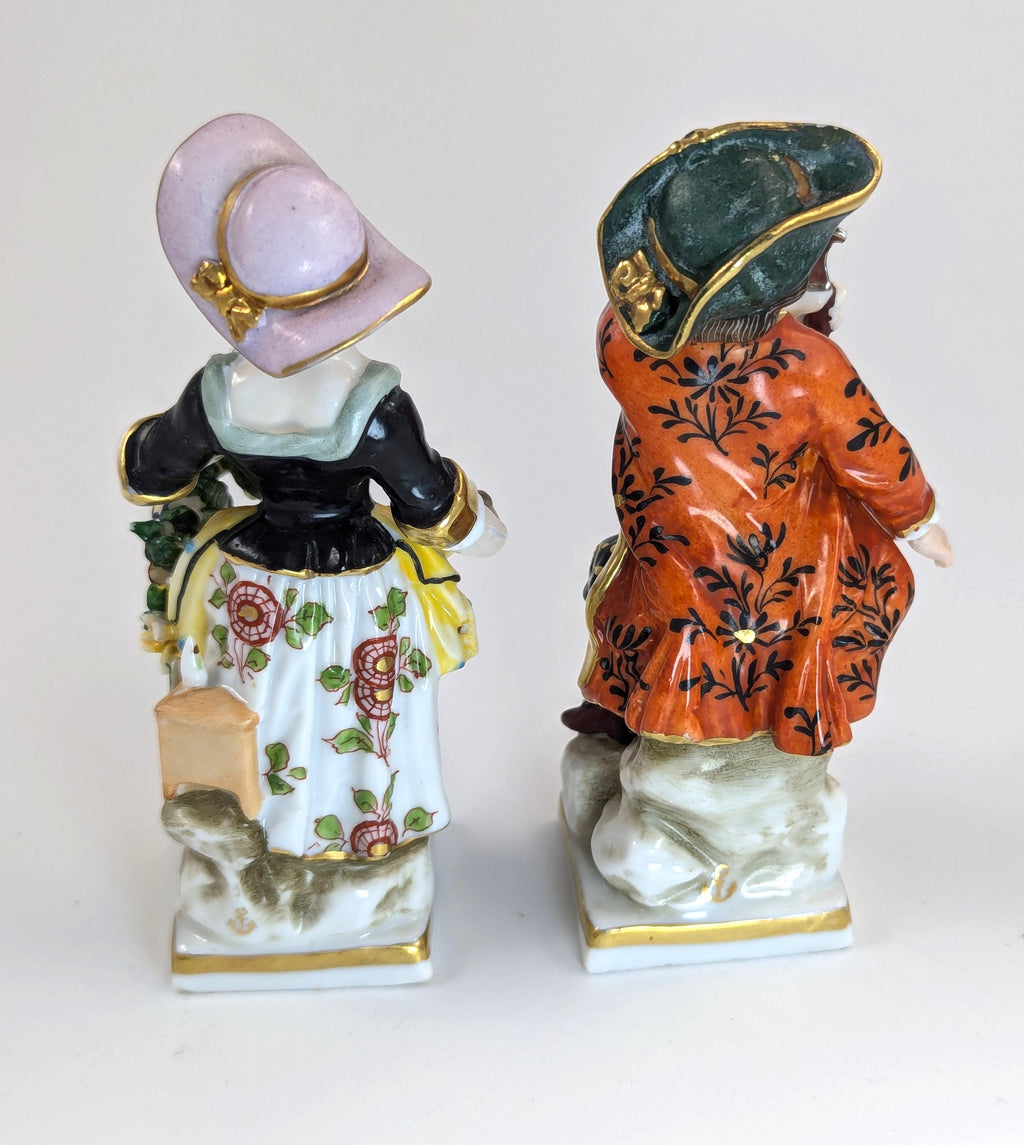 Antique Porcelain Figurines of Farmer and Gardener, in Chelsea Style,  19th