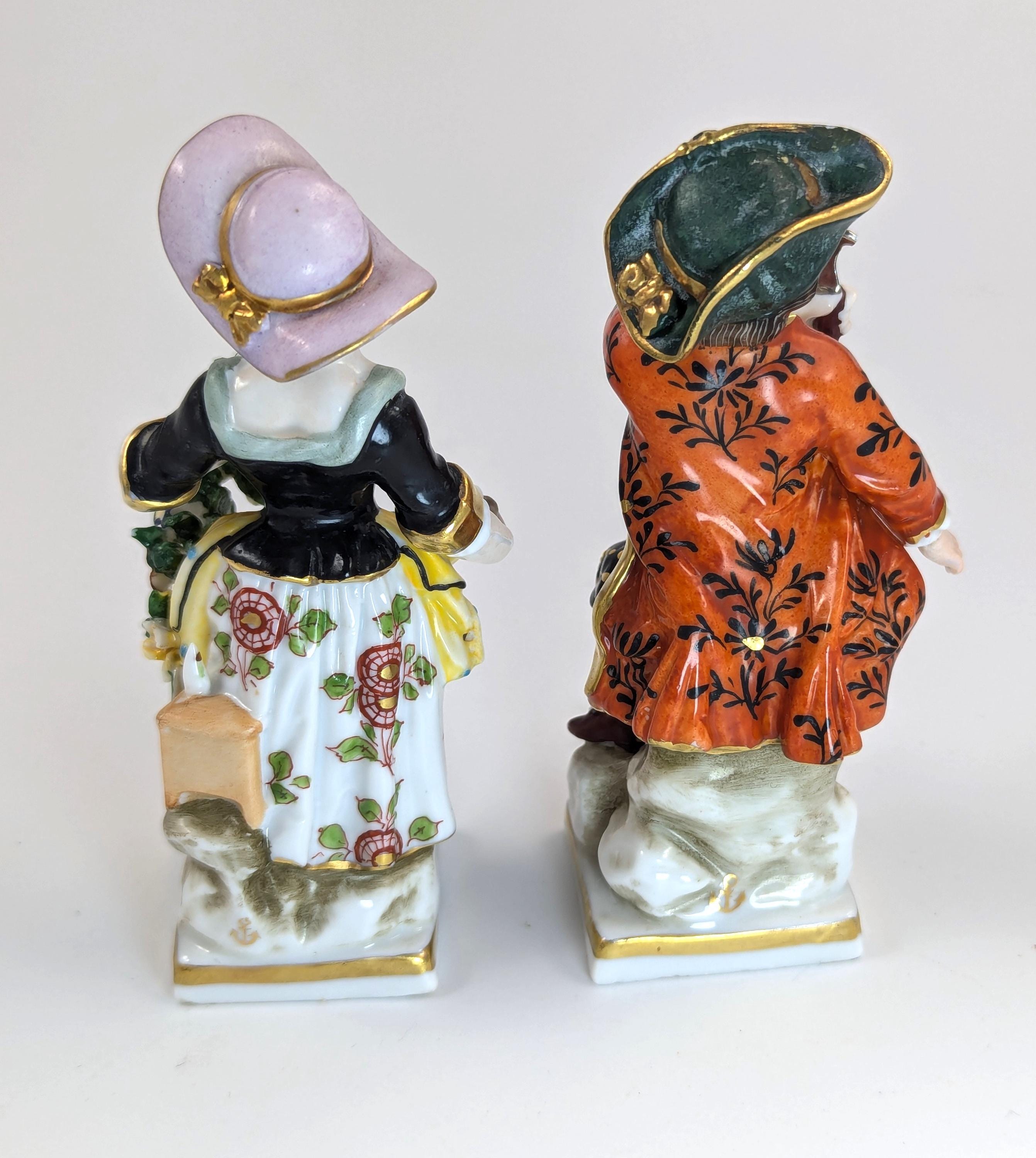 Antique Porcelain Figurines of Farmer and Gardener, in Chelsea Style,  19th