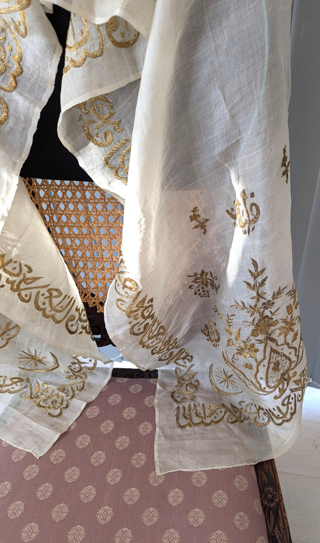 Ottoman Gold-Embroidered Silk Tülbent, 19th Century (210 × 50 cm)