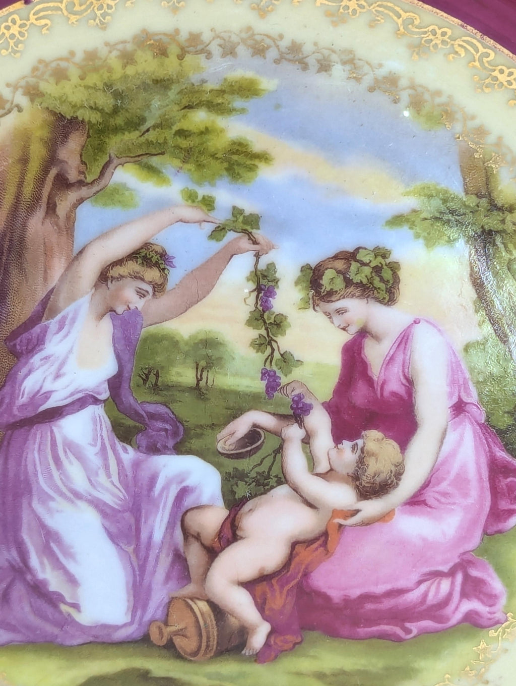 Beyer & Bock antique hand-painted porcelain cabinet plate, Angelica Kauffman Neoclassical Scene, Volkstedt-Rudolstadt, c. 1905